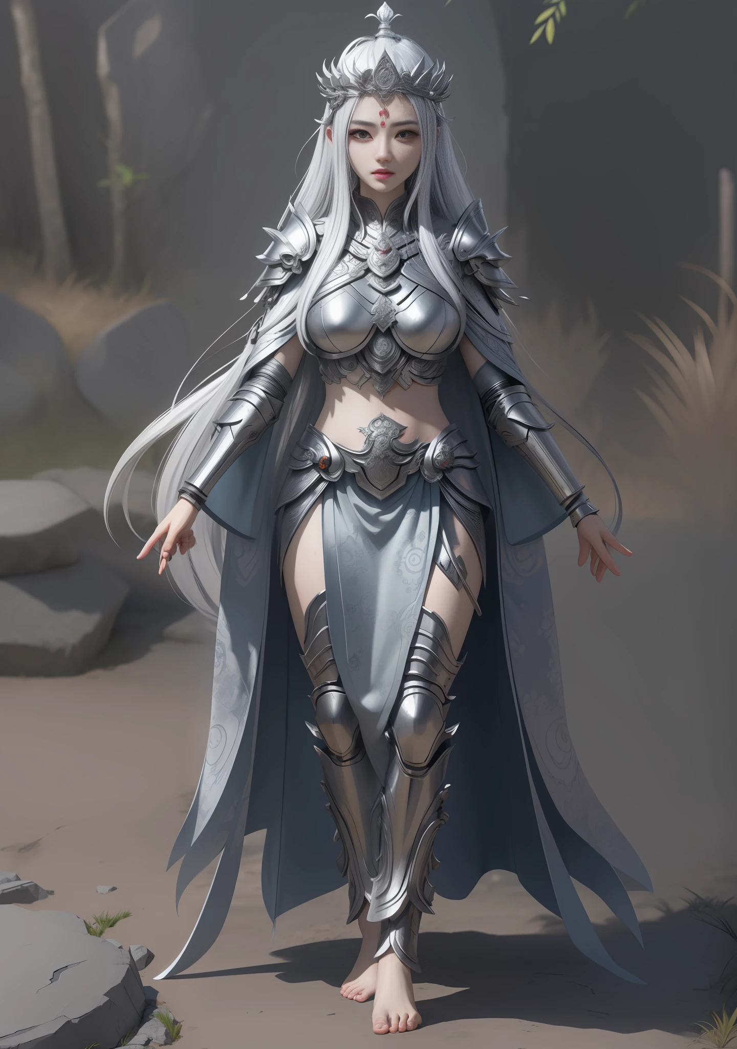 Asura Goddess, Buddhist elements, long silver hair, full body, Japanese armor, rich details, gorgeous patterns, worn-out fabric, barefoot, ray tracing, NVIDIA RTX, Super-Resolution, Unreal 5, Subsurface scattering, PBR textures, post-processing, anisotropic filtering, depth of field, maximum sharpness and sharpness, multi-layered textures, albedo and highlight maps, surface shading, accurate simulation of light-material interactions, perfect proportions, Octane Render, two-color light, large aperture, low ISO, white balance, rule of thirds, 8K RAW, 32k --niji 5