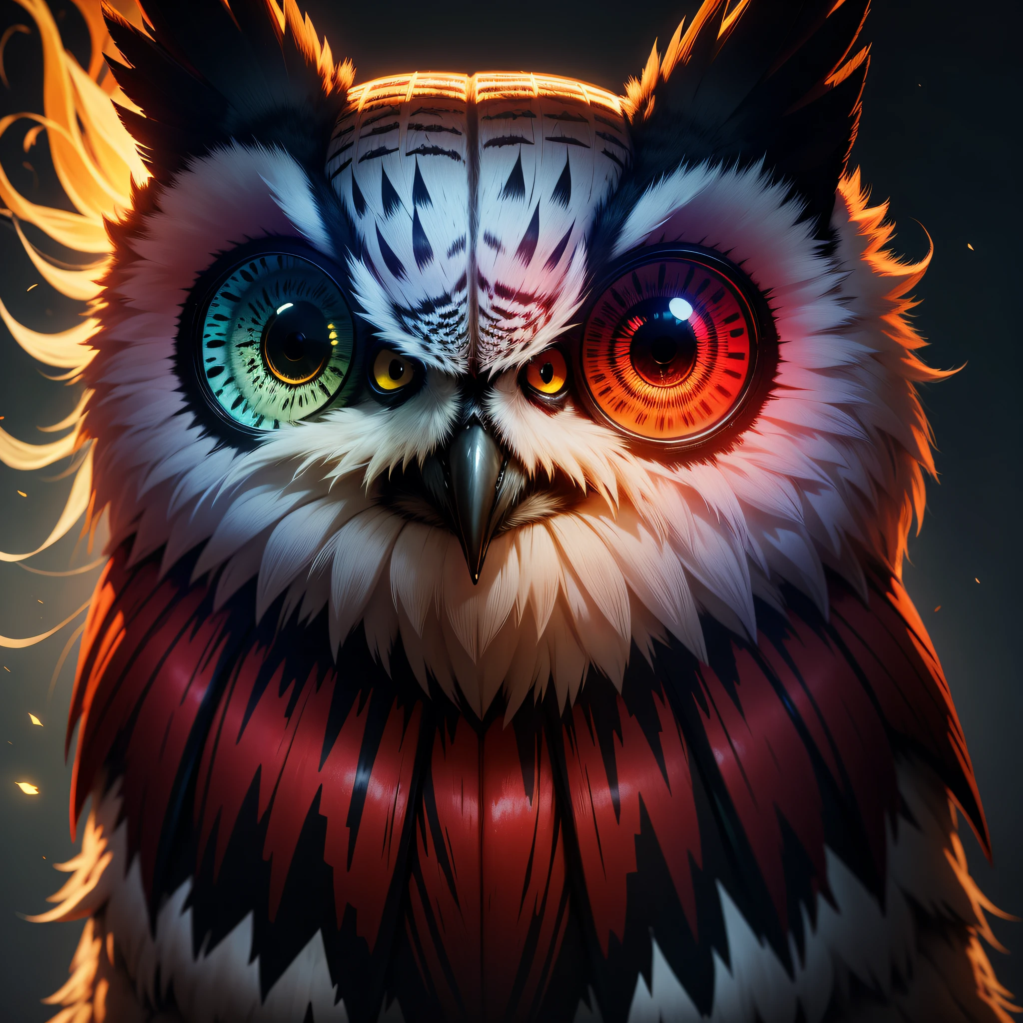 multicolored owl with angry look, Surrealism, cinematic lighting, Nikon, HD