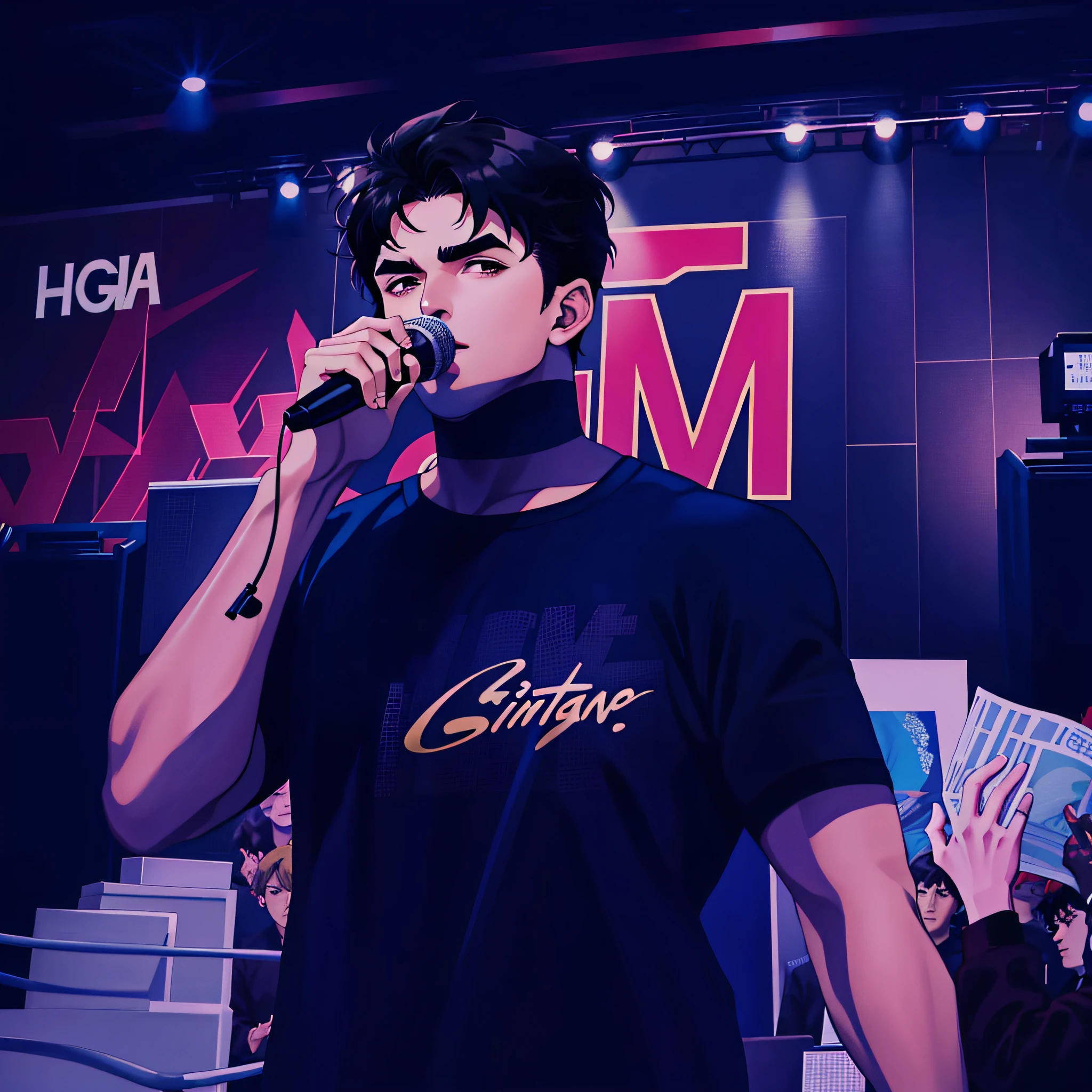 (high resolution, excellent_image), looking at the viewer, a man with a microphone in his hand, a masterpiece, brown eyes, looking forward, (looking at the viewer), illustration (1 man with a microphone), beautiful detailed eyes, looking at the viewer, close-up, anime-style face, anime-style hair, shoulder-length, bangs, anime style, detailed eyes, like in an anime cartoon, angular jaw, thick neck, thick eyebrows (Anime boys) black hair, bangs, 25 years old, mature, young, tall and strong