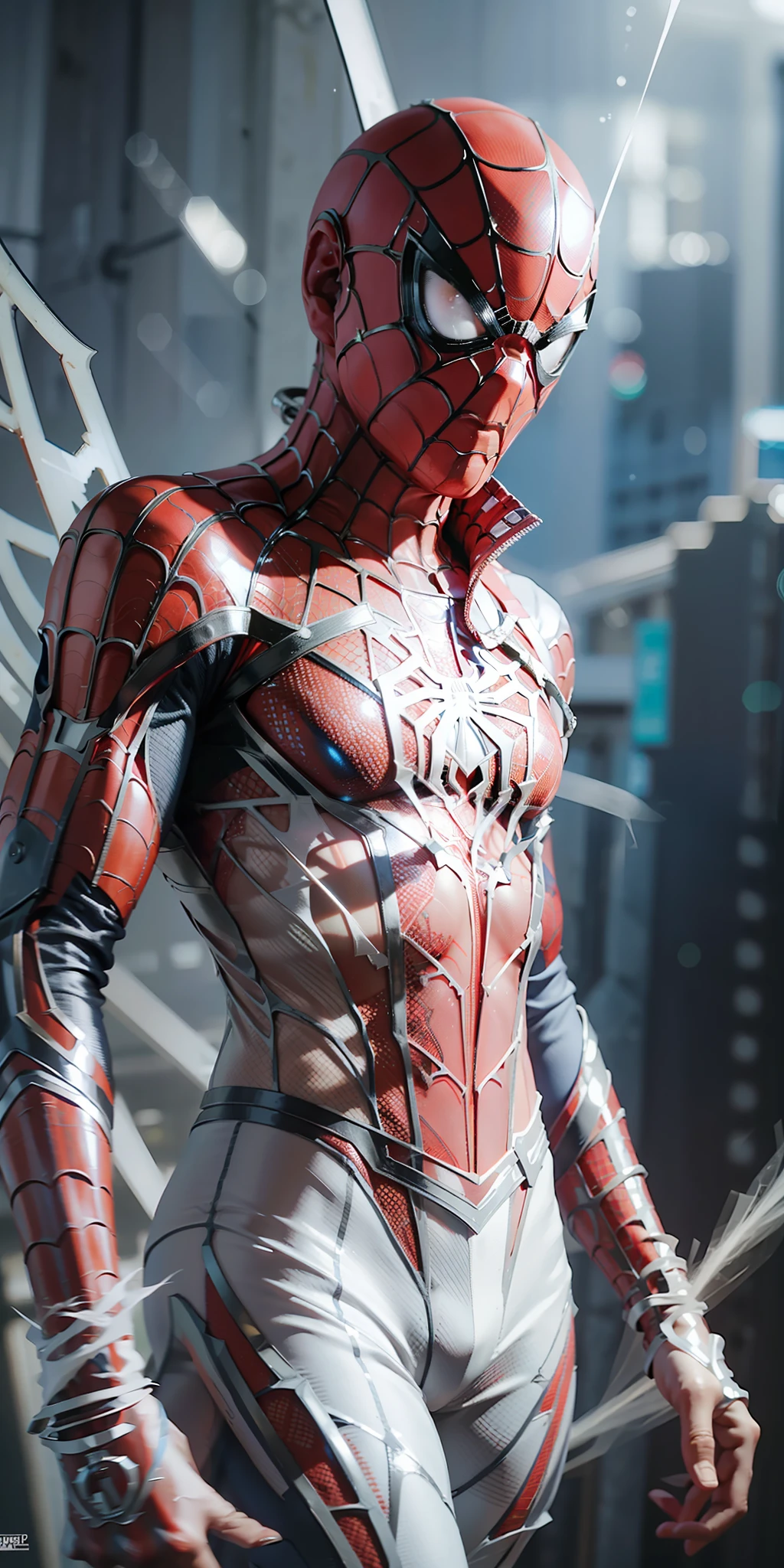 8k resolution,highest Image quality, Spider-Man, White and Red Suit, Cyberpunk,Futuristic Costume, Spider Web Background,Ultra Detailed, Cobweb Background, --auto --s2