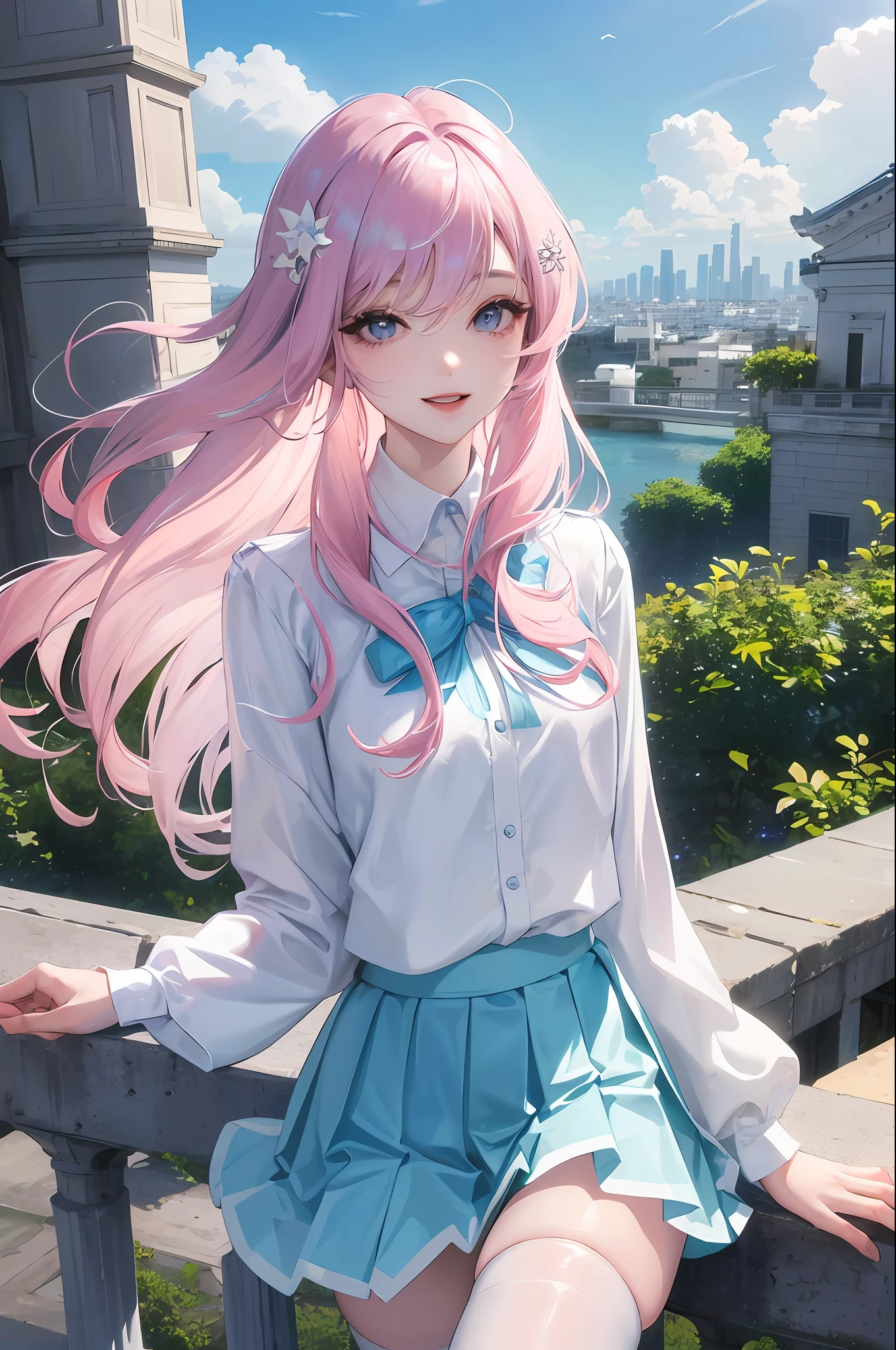 official art, masterpiece, sharp focus, (beautiful, beautiful and cute Korean woman: 1.3), wearing Tena type diaper, (abena diaper), sample diaper, (beautiful and cute Korean: 1.3), Korean beauty, hair and eyes and face delicate and beautiful, realistic, ultra detailed, beautiful girl, blue sky, white particle brightness, (side lighting: 1.2), sunlight, white cloud, detailed clouds, slender,  Lovely small breasts and very large hips, smile with teeth, ((smile with eyes, open both eyes)), scenery, long straight hair, sexy facial expression, construction, (cityscape: 1.7), dynamic hair, long straight hair, detailed platinum pink hair, bright blue eyes, (blue pleated shirts + white skirt), long white socks, pale skin, hair ornament,  epic scenery ,