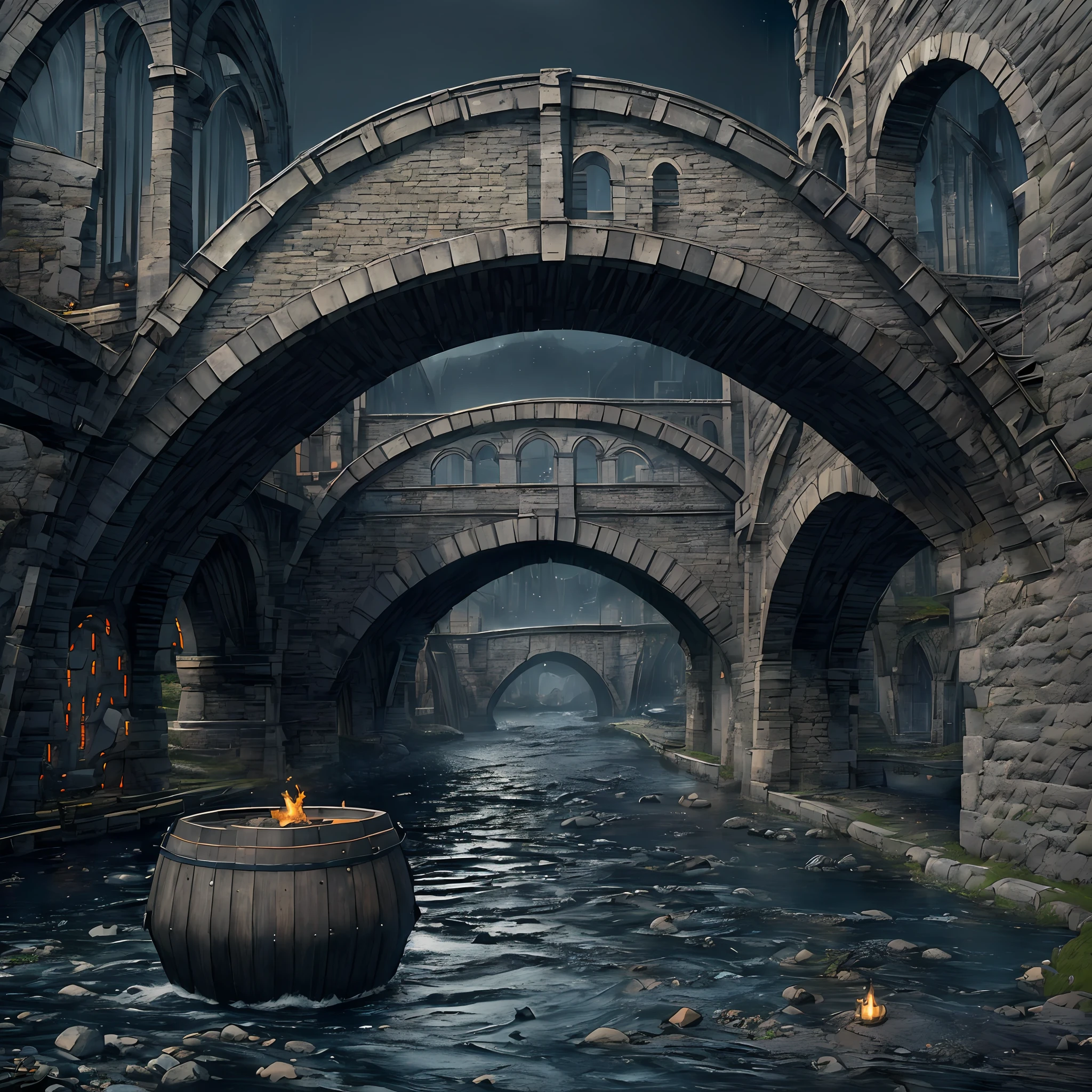 Computer, computer accuracy, 1: 2, 8kk, volume, Extensive ultra photography (general view, bridge 1: 5, Scale, realistic fantasy, ultradetail, volumetric, detailed clarity, general view, detailed gloomy landscape of the street, bridge arch, under the bridge, large beer barrel, bridge arch, bridge, (inscription new era legend),realistic fantasy, detailed, 1:5, 4kk, three-dimensional picture, fire, fog, rain, river, night, darkness, effective In the foreground is a large beer barrel,  large stone bridge, bridge arch, gray, swamp colors (ultradetailed), bridge arch, bank under the bridge, steps, cobwebs under the pavement, large wooden barrel (1:2), made of wood (ultradetail), bridge arch, stones, river, dark, gloomy colors, horror, magic(best quality), 4k, ultra detailed, (dynamic composition: 1.4), high detailed, colorful details, (gloomy colors: 1.2), (luminous lighting, atmospheric lighting), cold, gloomy, magical