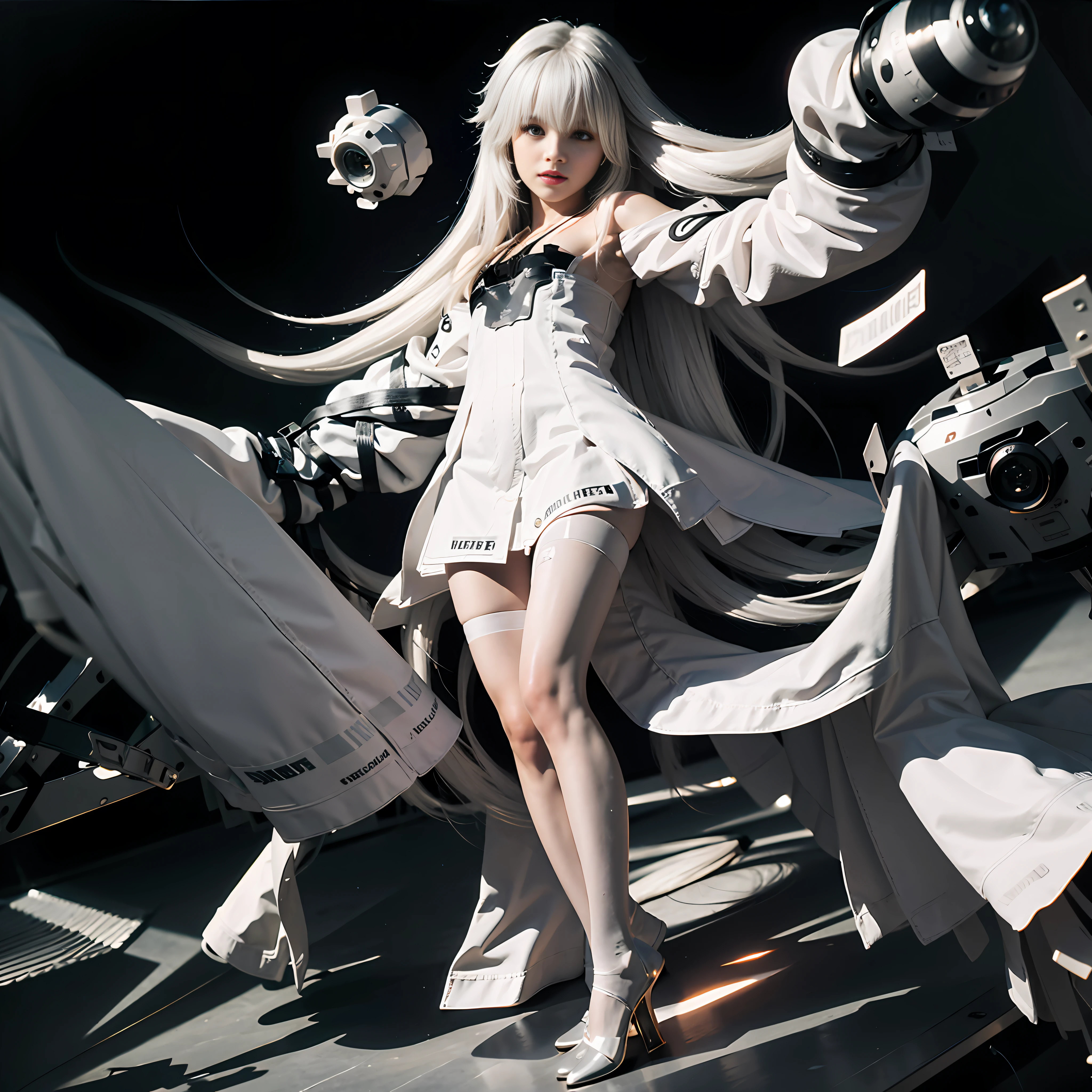 White dress with long hem and white stockings