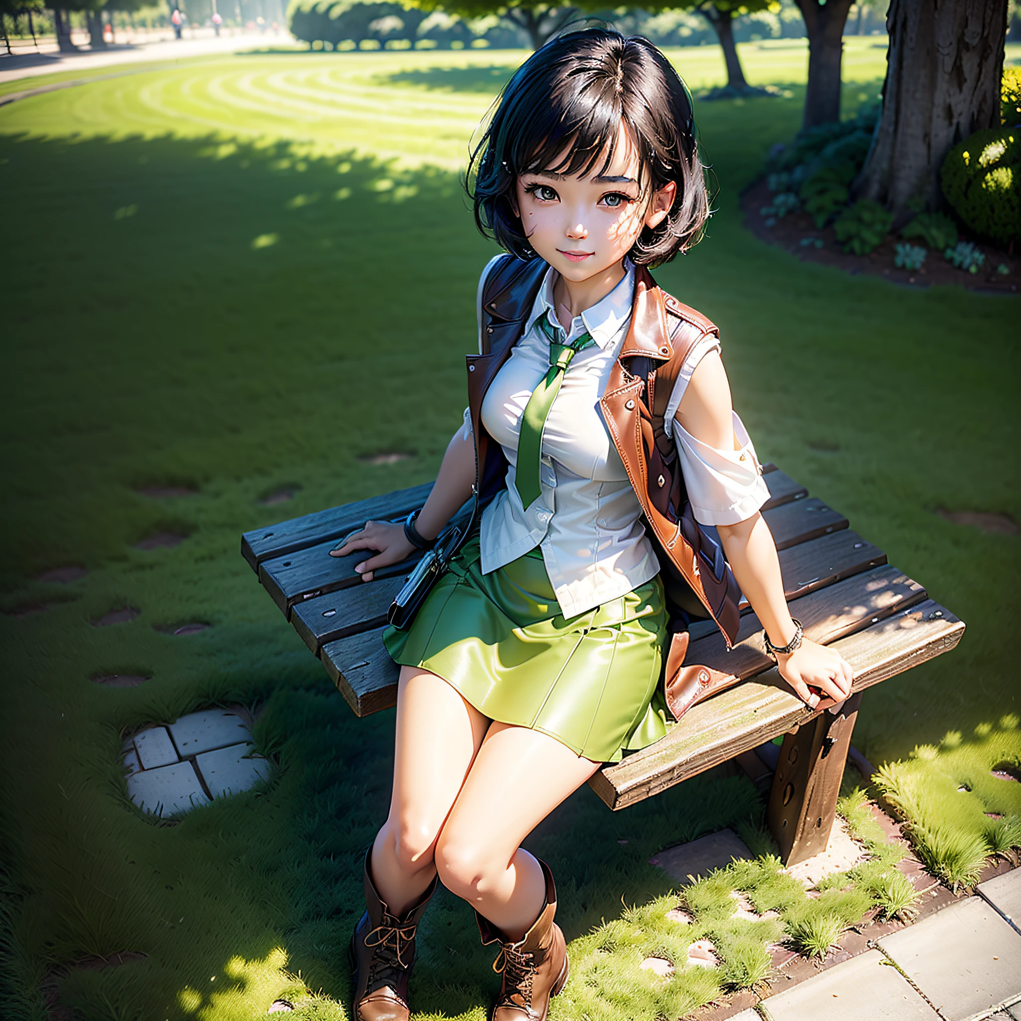 (Masterpiece, highest quality, highest resolution, distinct_image, very elaborate CG, cinematic lighting, ray tracing, drop shadows, detailed detail, (photorealistic: 1.4), high quality textures, fine-grained, realistic face expression): (lone girl, face is Japan, brown short hair, small size breasts, sparkling eyes, Eye level shot, happy smile, beauty, slim body, holiday, knee-length skirt, white shirt with collar, leather vest, cardian, handgun holder, carrying leather back on back, long boots, tie, fresh green season, sunny day with good climate, green park, lush trees, wide lawn, promenade in park, flower beds blooming, Swing ride, street, fountain, active angle)