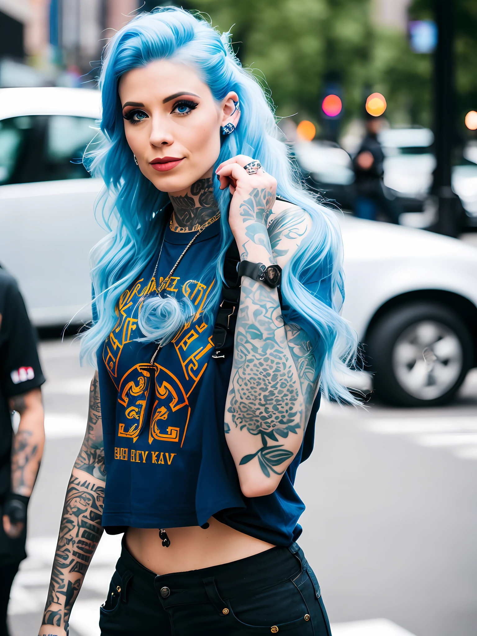 Pokket, filmed on DSLR, 8K, detailed face, blue hair, 25-year-old woman, is on the street in NYC, rap style clothes, black tattoos, different position