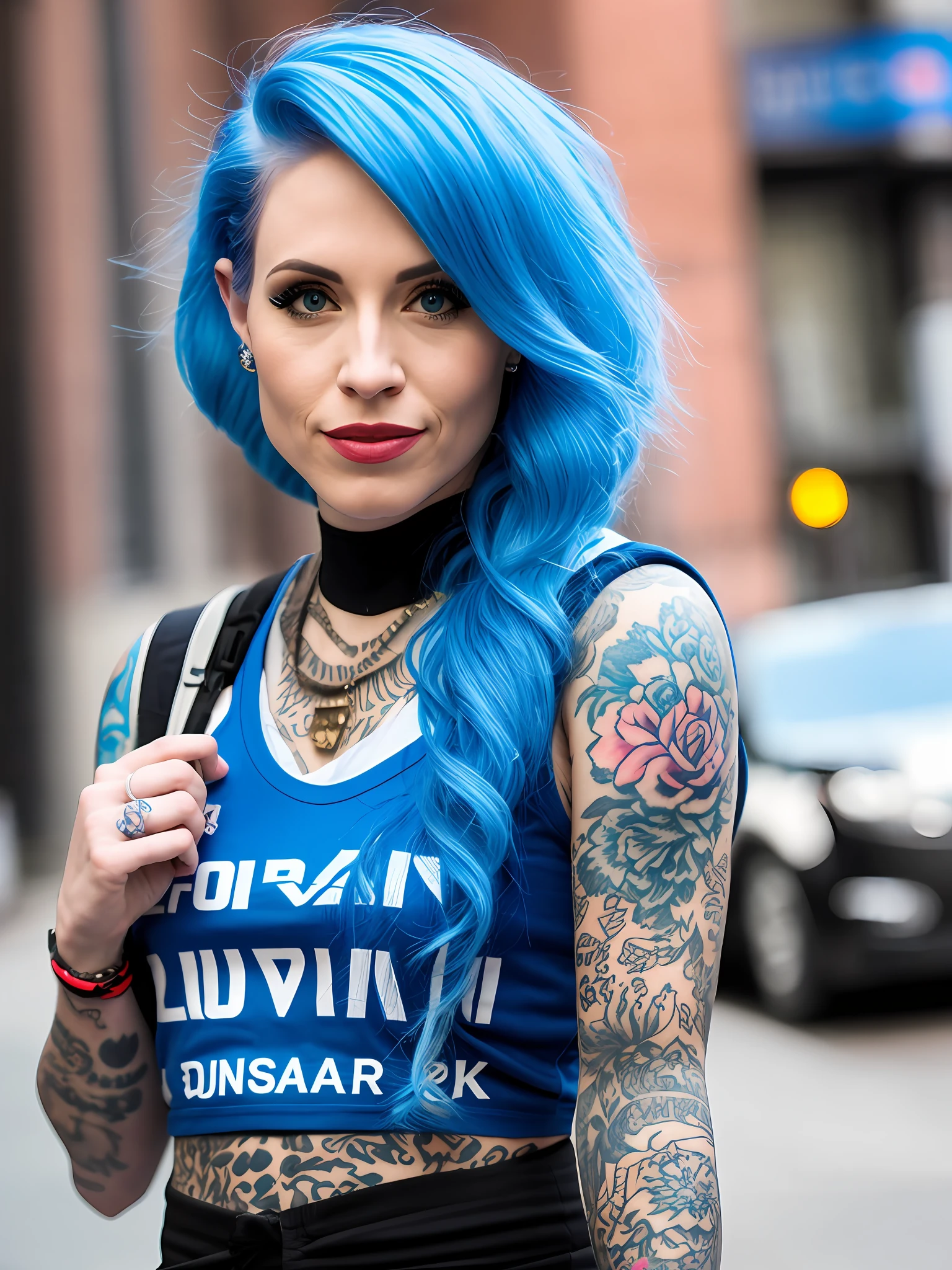 Pokket, filmed on DSLR, 8K, detailed face, blue hair, 25-year-old woman, is on the street in NYC, rap style clothes, black tattoos, different position