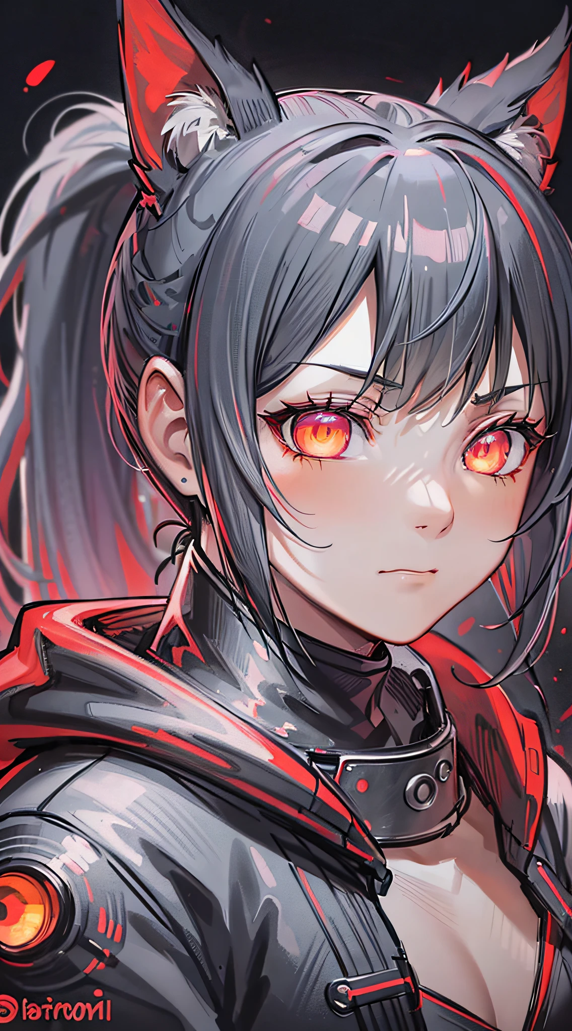 Red clothes,cyberpunk cat-eared girl, fantasy world, dark background, clean design, magnificent Instagram, art station, colorful paint splatter, silhouette, ultra-detailed intricate details, unreal engine, fantasy, intricate details, splash screen, complementary colors, fantasy concept art, 8k resolution, Deviant masterpieces, oil paintings, heavy strokes, dripping paint, (isolated on white background: 1.3), rainbow skin, ((cute cat-eared girl)))), ((teens: 1.5), (glowing red eyes), (bright eyes)), (((ponytail, gray hair: 1.1)))), ((red clothes)), (princess \\(indifferent expression\\),(wearing a luxurious black robe with high details)))), gray hair, small, frost magic, ((chest) --v 6