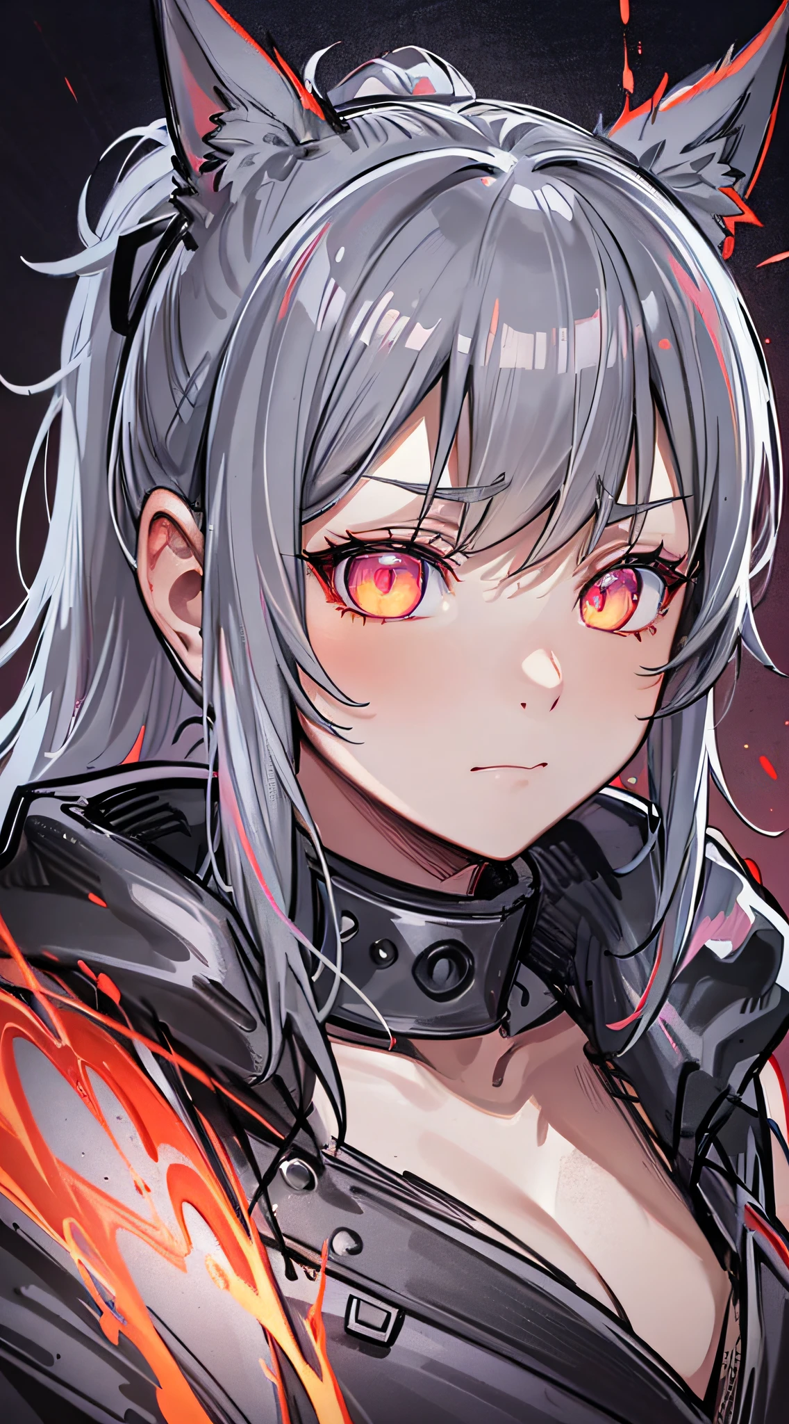 Red clothes,cyberpunk cat-eared girl, fantasy world, dark background, clean design, magnificent Instagram, art station, colorful paint splatter, silhouette, ultra-detailed intricate details, unreal engine, fantasy, intricate details, splash screen, complementary colors, fantasy concept art, 8k resolution, Deviant masterpieces, oil paintings, heavy strokes, dripping paint, (isolated on white background: 1.3), rainbow skin, ((cute cat-eared girl)))), ((teens: 1.5), (glowing red eyes), (bright eyes)), (((ponytail, gray hair: 1.1)))), ((red clothes)), (princess \\(indifferent expression\\),(wearing a luxurious black robe with high details)))), gray hair, small, frost magic, ((chest) --v 6