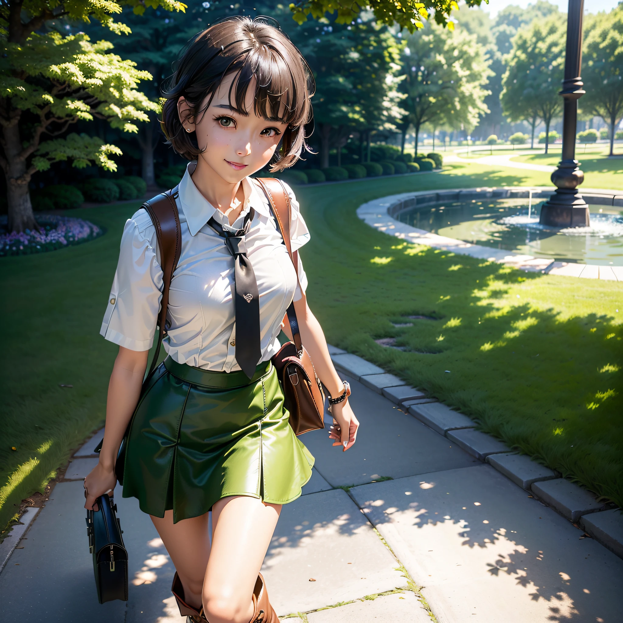 (Masterpiece, highest quality, highest resolution, distinct_image, very elaborate CG, cinematic lighting, ray tracing, drop shadows, detailed detail, (photorealistic: 1.4), high quality textures, fine-grained, realistic face expression): (lone girl, face is Japan, brown short hair, small size breasts, sparkling eyes, Eye level shot, happy smile, beauty, slim body, holiday, knee-length skirt, white shirt with collar, leather vest, cardian, handgun holder, carrying leather back on back, long boots, tie, fresh green season, sunny day with good climate, green park, lush trees, wide lawn, promenade in park, flower beds blooming, Swing ride, street, fountain, active angle)