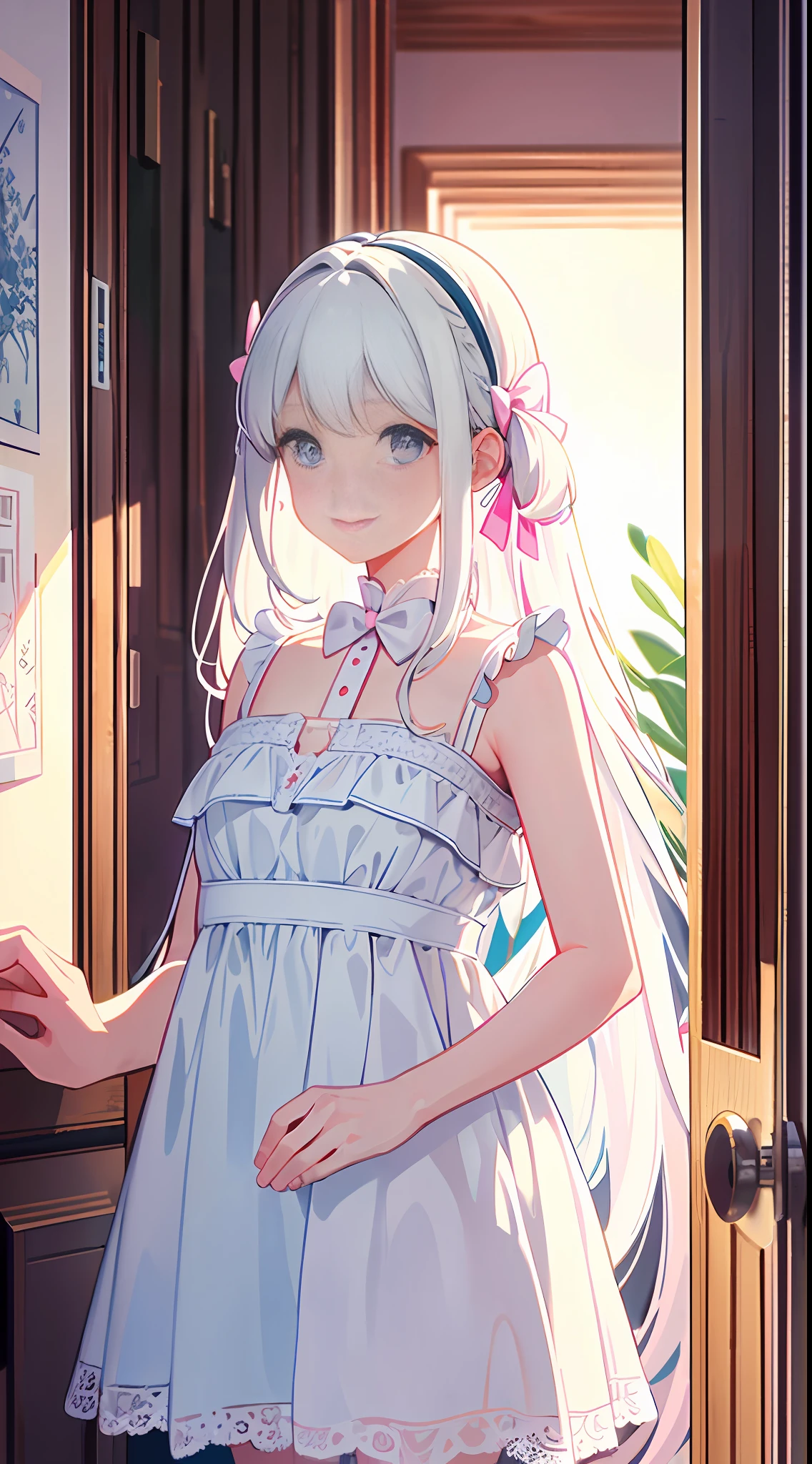Masterpiece, best quality, super detailed, illustration, medium view, beautiful detailed eyes, ((long view, wide angle 1.31)), at home, a girl with white hair, pink bow, blue slip dress. Facing away from it