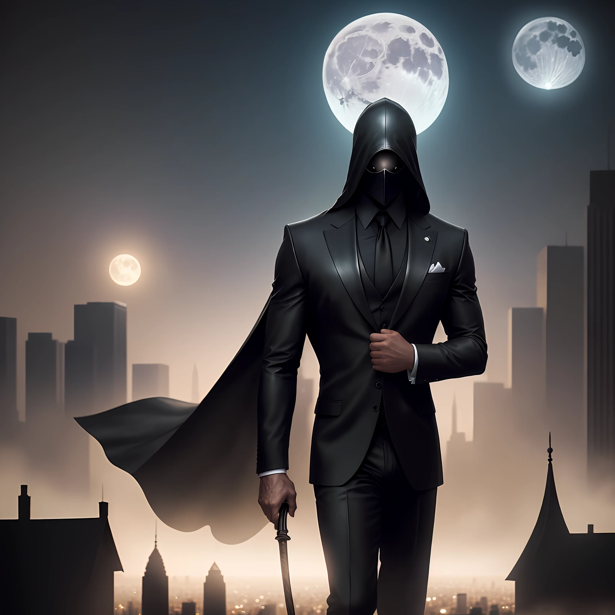 m man in black suit, super realistic, standing, holding a leather whip, in the background a city, with a beautiful moon, the city covered a mysterious mist, hiding his face, professional photo, hd, 64k, canon camera, nostalgic