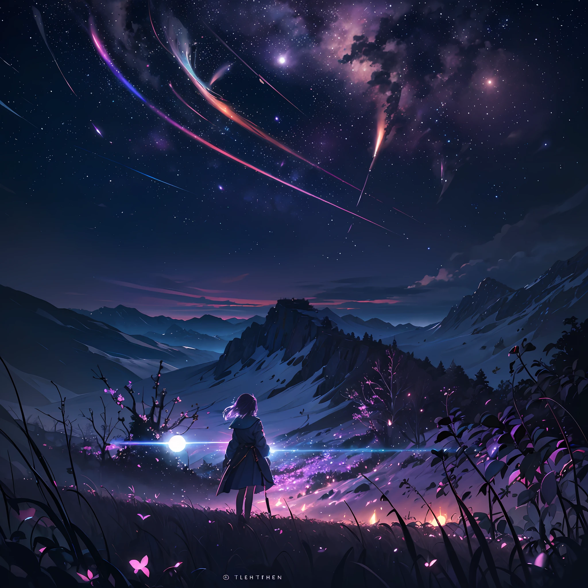expansive landscape photograph , (a view from below that shows sky above and open field below), a girl standing on flower field looking up, (full moon:1.2), ( shooting stars:0.9), (nebula:1.3), distant mountain, tree BREAK
production art, (warm light source:1.2), (Firefly:1.2), lamp, lot of purple and orange, intricate details, volumetric lighting BREAK
(masterpiece:1.2), (best quality), 4k, ultra-detailed, (dynamic composition:1.4), highly detailed, colorful details,( iridescent colors:1.2), (glowing lighting, atmospheric lighting), dreamy, magical, (solo:1.2) --auto --s2