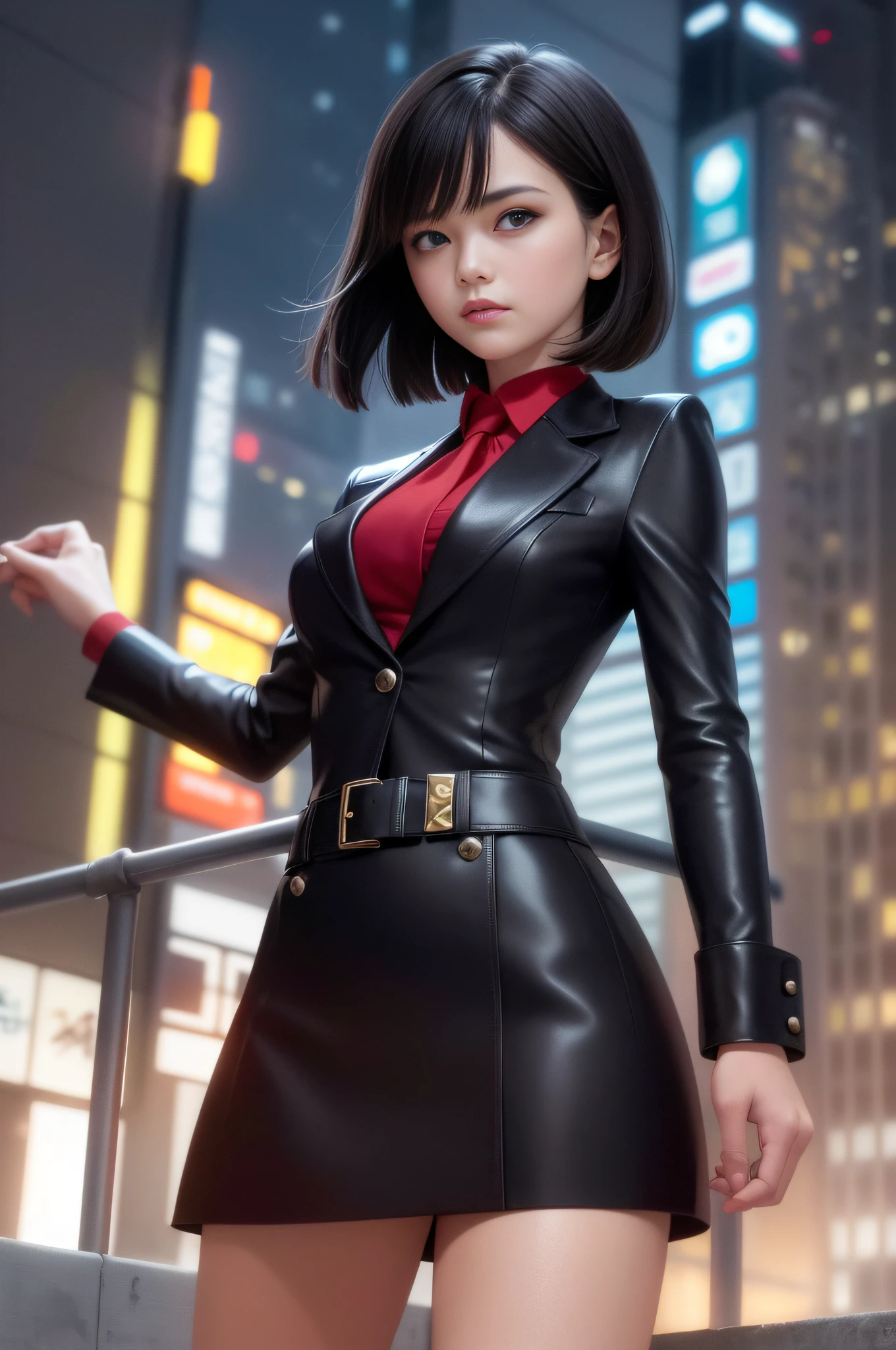 masterpiece, best image , black hair, blue eyes, looking up, upper body, fine face, stiff stance, very detailed Japan city roof night view background, night view, standing with rooftop railing, overlooking the city, with PARCO sign of the next building, (red open jacket, shirt, red skirt, red tie, Christian Louboutin \(brand), , shading, light awn, Watercolor style, 1 girl surrounded by night view on the rooftop of a building, pointed small, ultra high definition face, detailed eyes, random hairstyle short hair, (8K, RAW, professional, best quality, masterpiece: 1.2), (realistic, photorealistic: 1.37), super detail, (portrait), (highest detail skin: 1.2), (best detail face: 1.2), Cinematic Lighting