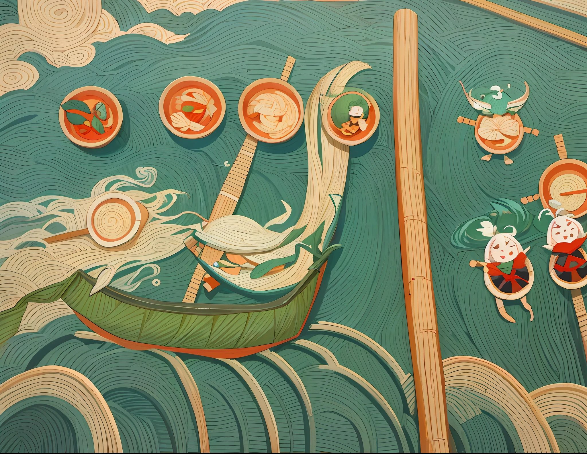 Children's fantasy painting, zongzi, zongzi doll rowing dragon boat in the river, dragon boat 🛶, three zongzi dolls refueling on the shore