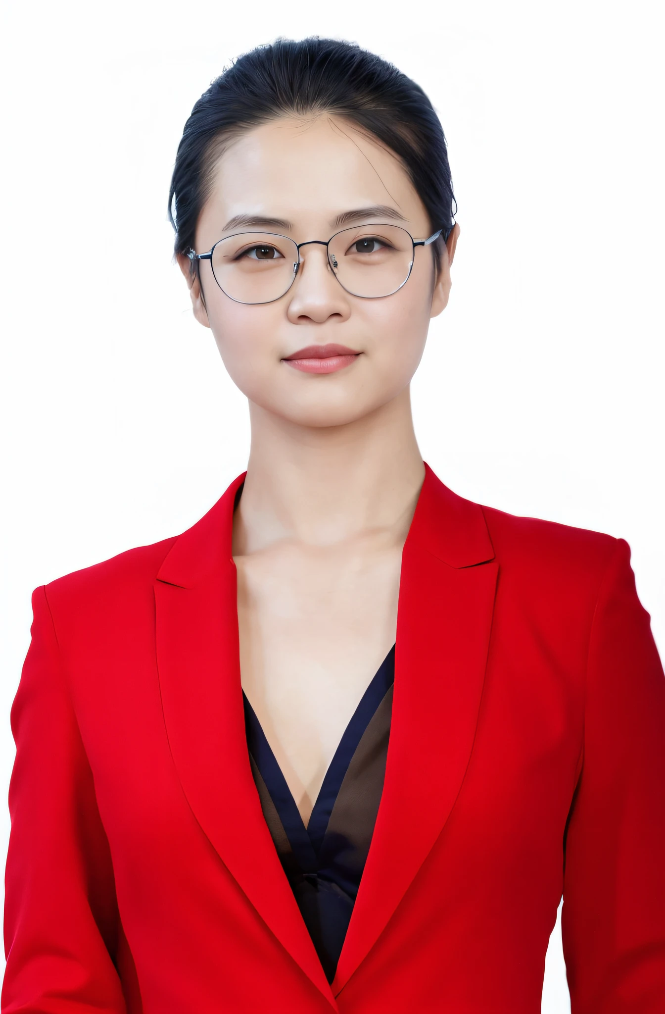 there is a woman in a red suit and glasses posing for a picture, pengzhen zhang, chengyou liu, li zixin, wenfei ye, xintong chen, zhelong xu, qifeng lin, 2 8 years old, xision wu, yanjun chengt, lei min, zeng fanzh, wei wang, louise zhang