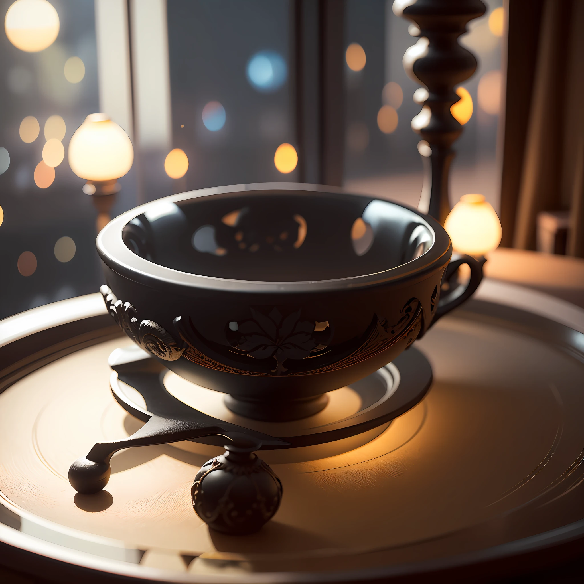 bowl world, night, night view, window, night light, curtains, carved black marble dining table, glass table, depth of field, ((blurred background)),
Masterpiece, the best quality, super delicate, --auto --s2