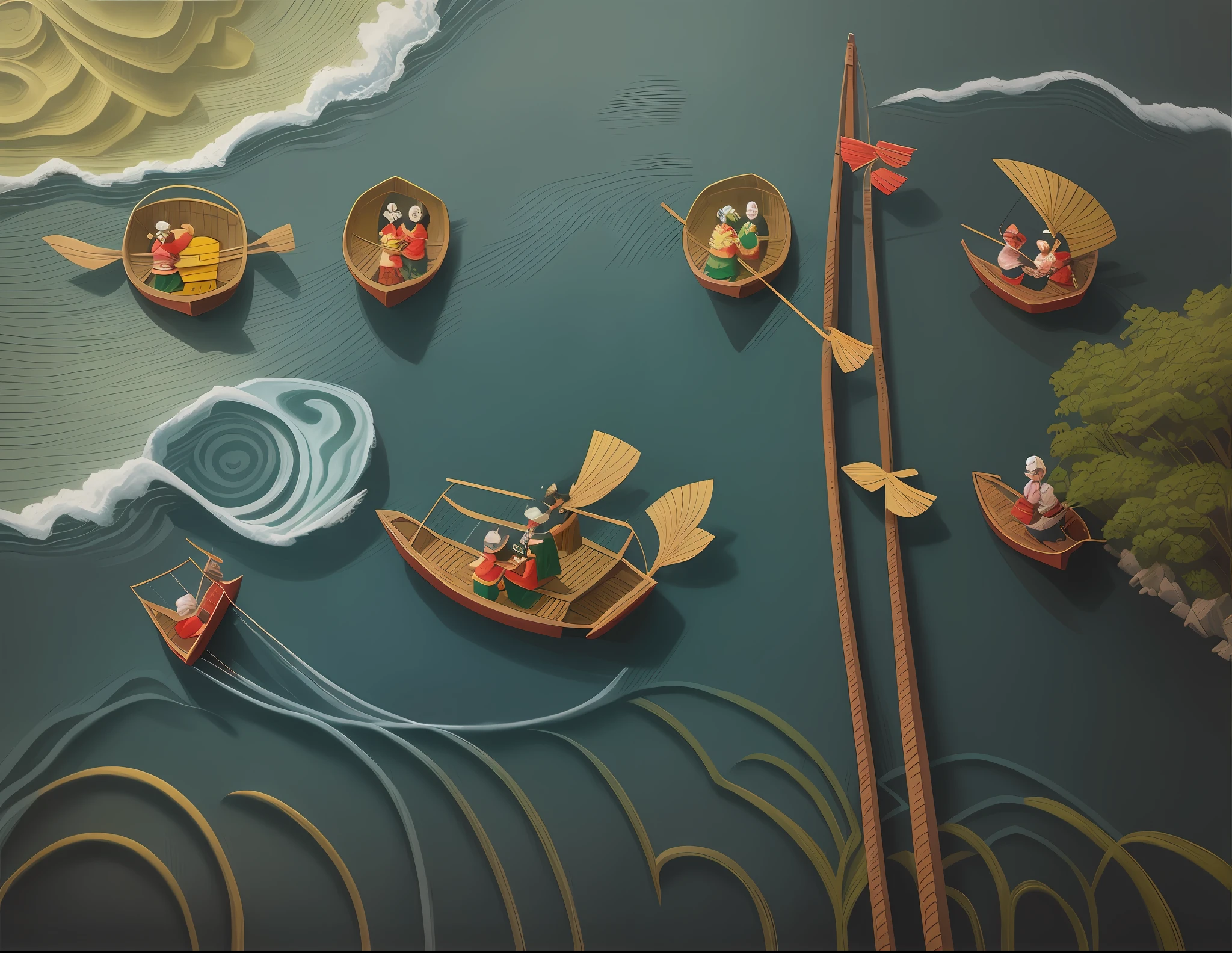 Children's fantasy painting, zongzi, zongzi doll rowing dragon boat in the river, dragon boat 🛶, three zongzi dolls refueling on the shore
