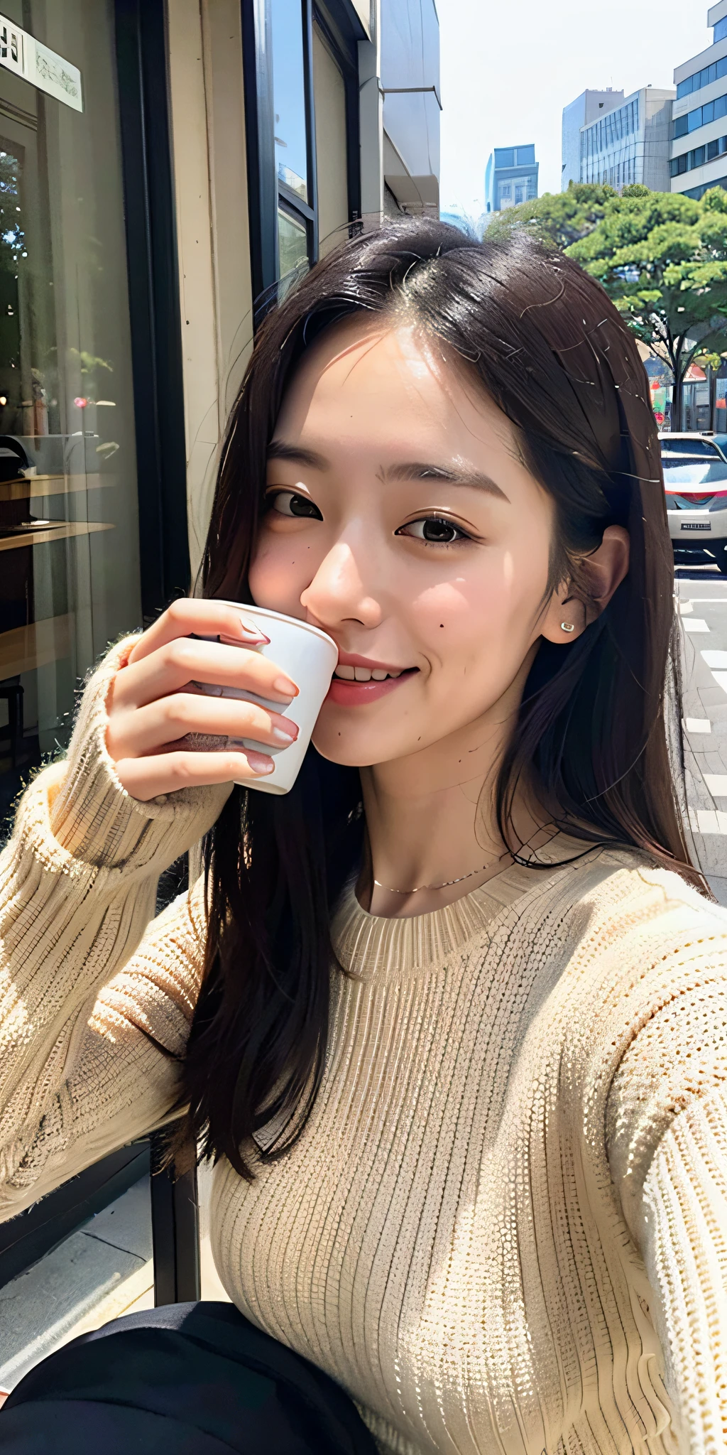 28 years old, 1 woman, Tokyo, (noon: 1.2), cityscape, city lights, upper body, close-up, smile, (8k, RAW photo, highest quality, masterpiece: 1.2), (real, photoreal: 1.37), beige knitted dress, drinking coffee in outdoor café