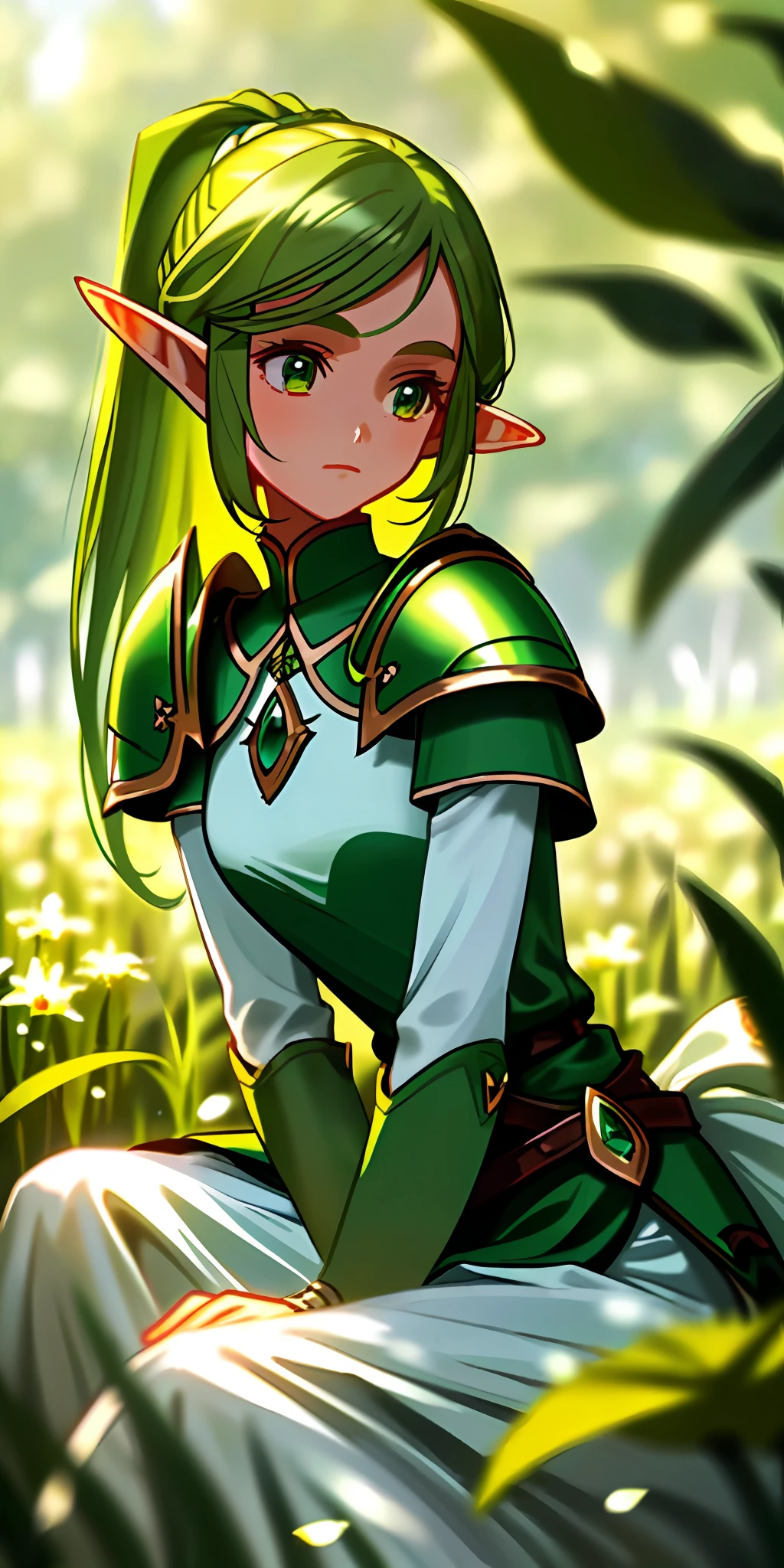(masterpiece, best quality), close up, 1girl elf with long white poney tail, hair sitting in a field of green plants and flowers, ((elf)), green shining eyes, armor, warm lighting, white dress, blurry foreground
