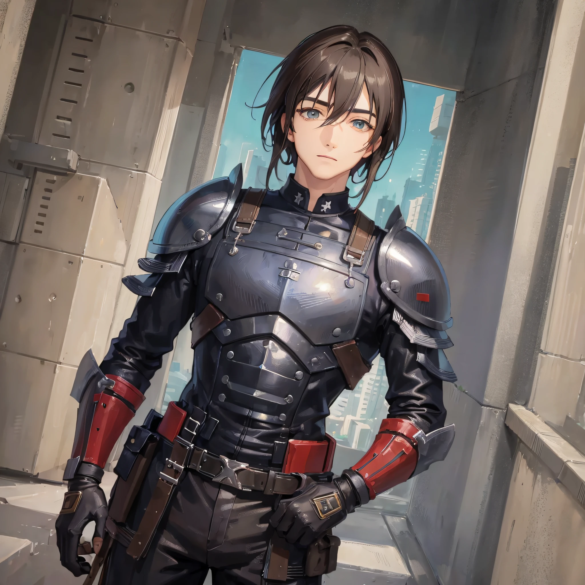 (((Masterpiece))), Top Quality, Ultra High Definition, (Realistic: 1.4), (Masterpiece, Best Quality), Only 1 Person, Ruins, Brown Hair, Black Eyes, Shirt, Standing Figure, Film View, Exaggerated Perspective, Superb Picture Quality, Ultra Detail, Ultra High Definition, Young Man in Uniform [Digital Art]!!, Kurz Jaeger, in leather armor, in collaboration with Anime Painter Studio, Fubuki, in anime style, soldier costume, High quality, --auto --s2