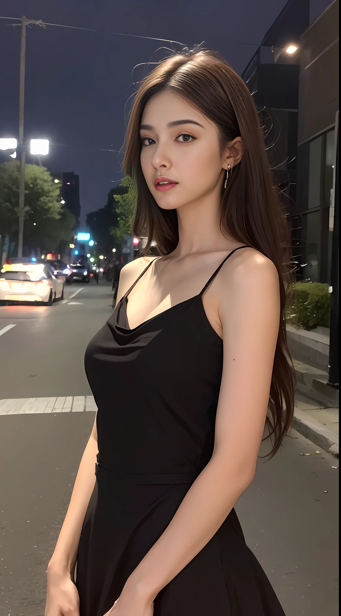 ((Realistic lighting, Best Quality, 8K, Masterpiece: 1.3)), Focus: 1.2, 1girl, Perfect Beauty: 1.4, Slim Abs: 1.1, ((Dark brown hair)), (Black dress: 1.4), (Outdoor, Night: 1.1), City streets, Super fine face, Fine eyes, Double eyelids,