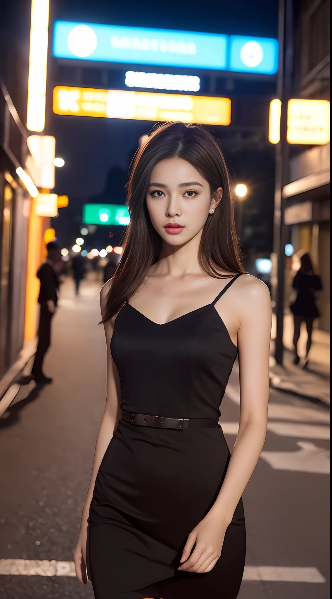 ((Realistic lighting, Best Quality, 8K, Masterpiece: 1.3)), Focus: 1.2, 1girl, Perfect Beauty: 1.4, Slim Abs: 1.1, ((Dark brown hair)), (Black dress: 1.4), (Outdoor, Night: 1.1), City streets, Super fine face, Fine eyes, Double eyelids,