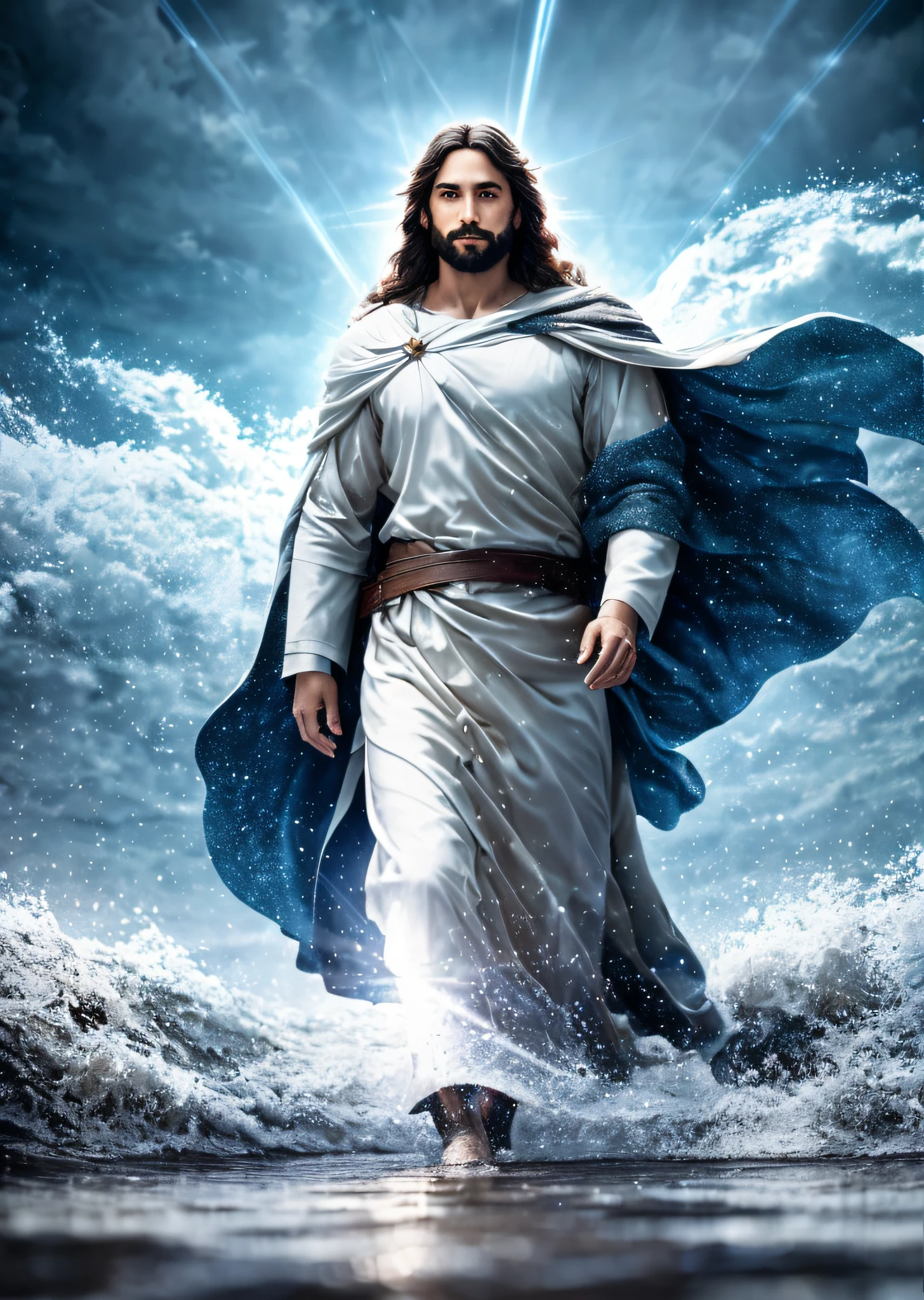 Jesus walking on water in a storm, confident smiling expression, beam of light descending from the sky and illuminating jesus, masterpiece, high quality, high quality, highly detailed CG unit 8k wallpaper, award-winning photos, bokeh, depth of field, HDR, bloom, chromatic aberration, realistic, very detailed, trend in artstation, trend in CGsociety, complex, high detail, dramatic, Art in the middle of the journey, volumetric lighting