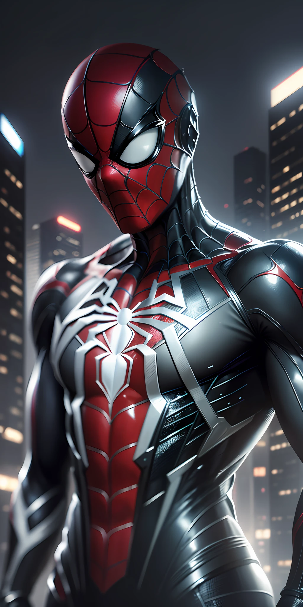 "The best possible quality in 8k resolution with an ultra-detailed image of Spider-Man in a futuristic black and white suit with a metallic web background. The focus is on the detailed textures and light and shadow effects on the suit. Add a touch of Cyberpunk style to the composition. Metaphor with metallic cobweb in the background, will add a stunning effect to the final image. ." --auto --s2