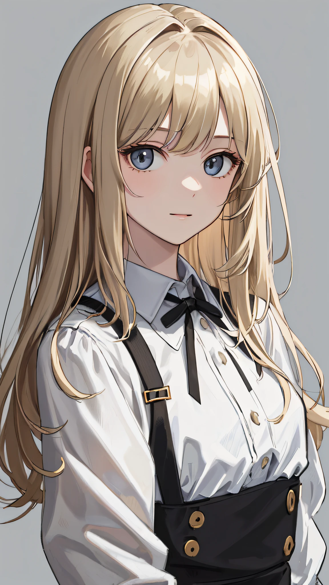 (masterpiece:1.1), (best quality), (ultra detailed),(disheveled hair),(illustration), (1girl), adult, standing, portrait view, looking at viewer, facing viewer, close up, happy, (interview), (simple background),beautiful detailed eyes, delicate beautiful face, pale skin, focus on face, white professional shirt, dirty blonde hair, dark blonde hair, fluffy hair, medium length hair, bangs, superflat style, gray background