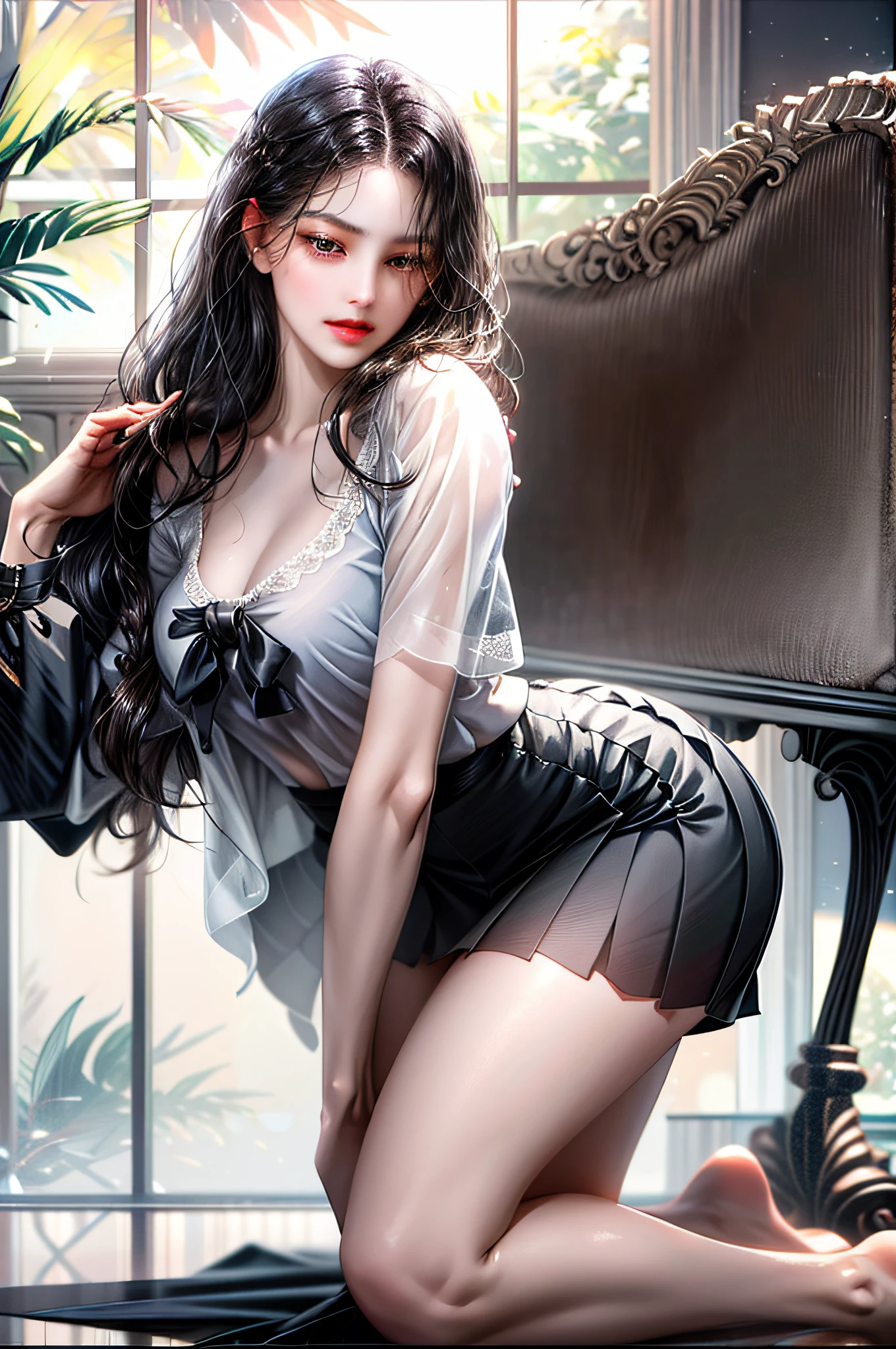 Girl with long straight black hair and brown eyes, beautiful, thin, flat, tall, girl with long straight black hair and brown eyes wearing businessman uniform, beautiful, thin, flat, tall, may be wearing businessman uniform, one with long hair, the other short woman, ((white sheer blouse, no black mini skirt)), underwear bite, sexy pose, Slender lower body, back view, gaze by the window, buttocks sticking out, on all fours, buttocks facing away, provocative
