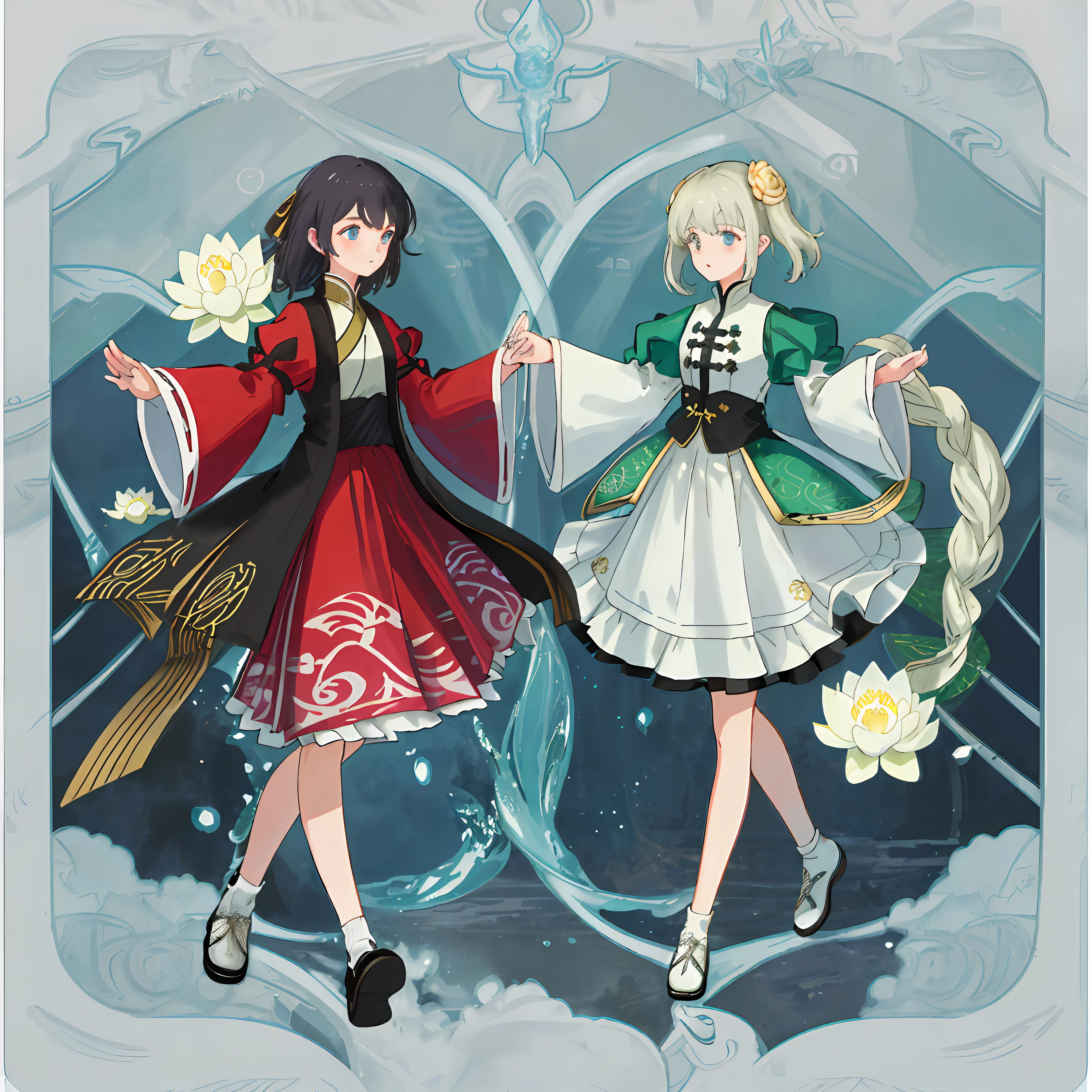 Masterprice, animate, detailed eyes, girl on the lotus, hanfu, knee-length skirt, long coat, wide sleeves, intricate patterns on the sleeves, in water, good water