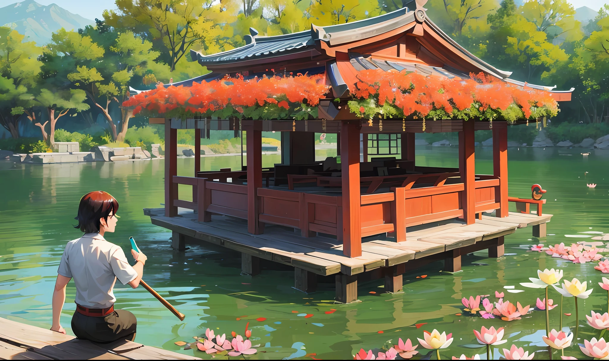 muscle man, korean boy, ancient, keywords: pavilion, lotus pond, romance, warm tones, red tones, inspired by Yoshitoshi Mori, ABe, Sooku Tahara, Yoshitoshi Tsukioka, Abdu Zedo Miyamoto and Ryuko-sai, using 3D technology, HD lossless. Description: "Dream of West Lake": Zhang Sheng revisited West Lake in his dream, the picture shows the picturesque scenery of West Lake, green trees and red flowers, the lake rippling, a beauty in brocade sitting on a small boat, turning her head and smiling at Zhang Sheng Sparkling, textured skin --auto --s2