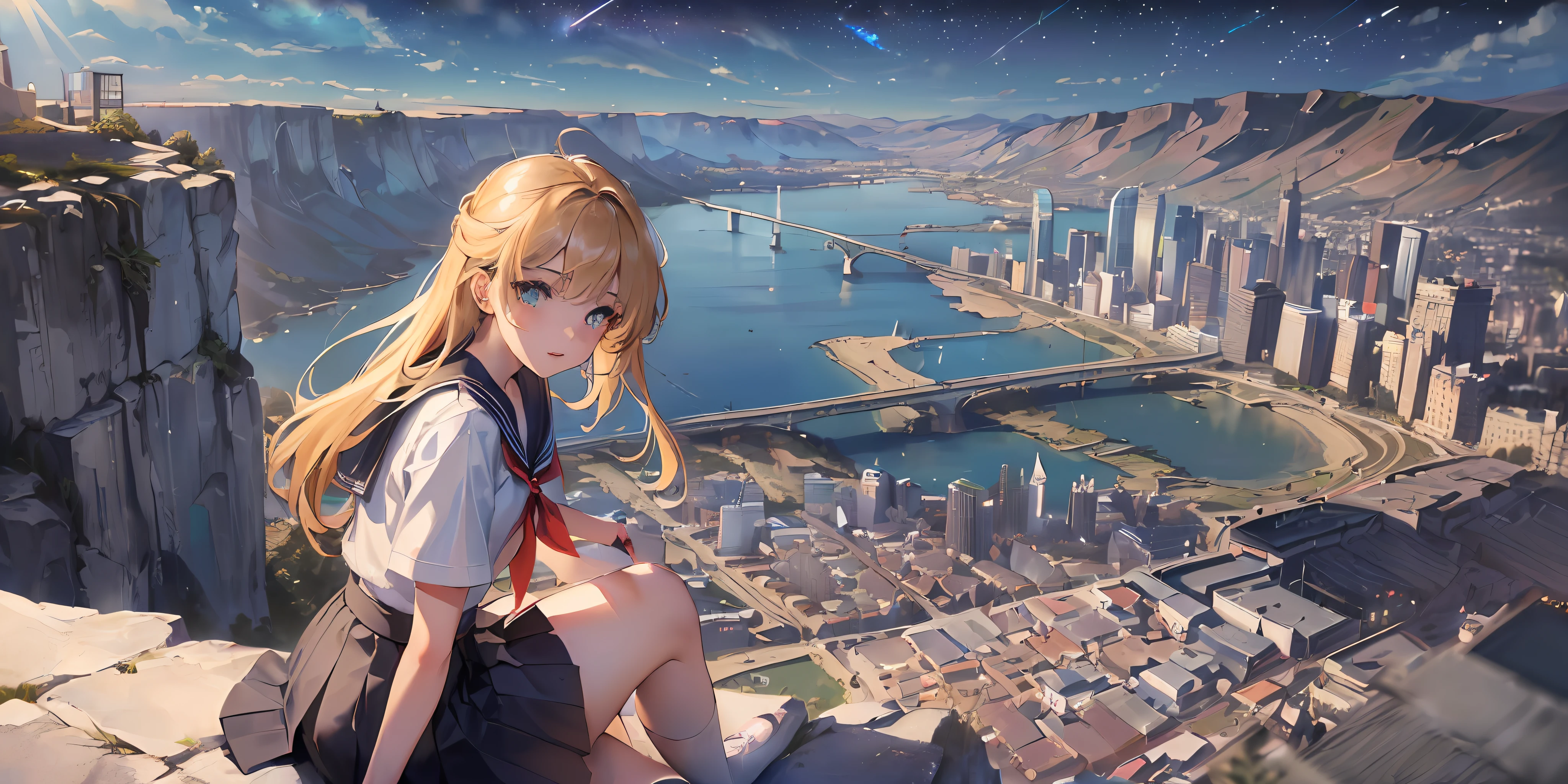 (((masterpiece: 1.5, best quality, high resolution: 1.3, super resolution, super detailed, ultra detailed:1.3, rich background:1.2))), ((close up)), 1girl, solo, green eyes, blonde long hair tied with blue ribbon, blunt bangs, cute hairpin, school uniform, white serafuku, red sailor collar, short sleeves, blue pleated skirt, (outdoor), ((sitting on the edge of cliff)), (on top of hill), ((city scenery behind: 1.3)), scenery, ((nighttime)), dark, (lowlight: 1.1), moon, (moonlight: 1.2), ((dynamic light: 1.4)), sky (falling meteors: 1.5)