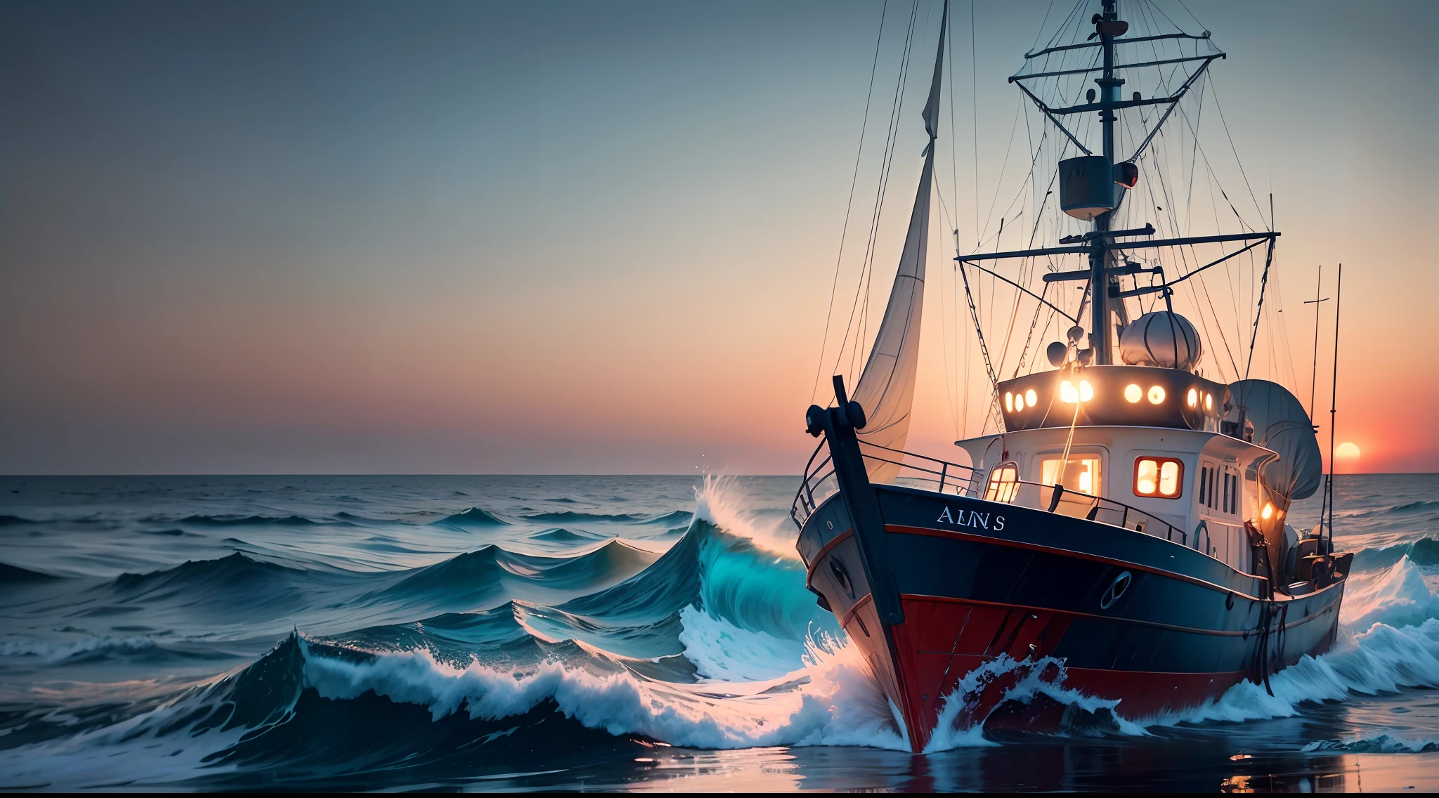 "Generate an image of a fishing boat in the ocean with blurred lights creating a soft and magical atmosphere." --auto --s2