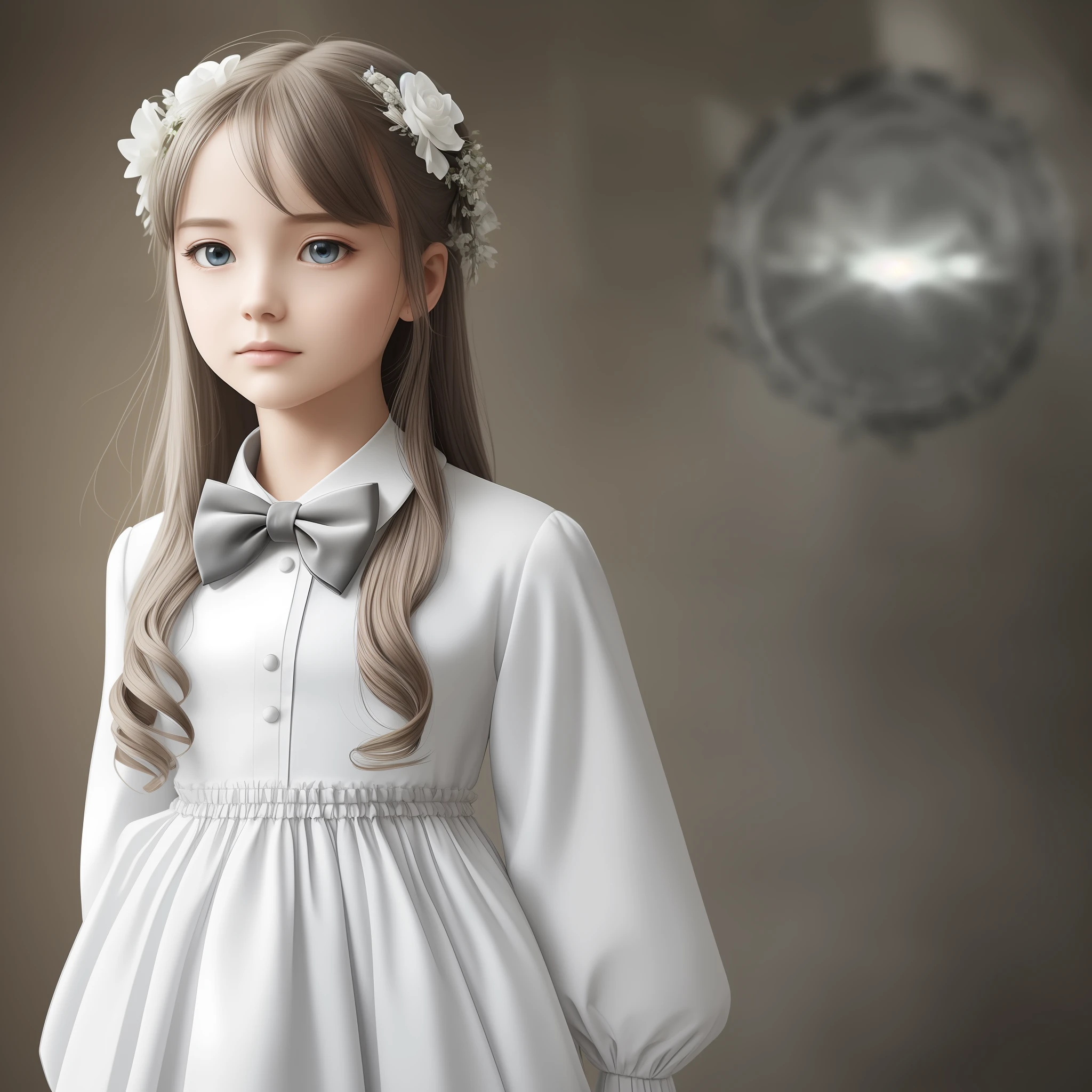 masterpiece, exquisite, illustration, {beautiful and meticulous girl}, beautiful and detailed halo, (fire of war: 1.2), (nuclear explosion behind: 1.3), rain, detailed lighting, detail water, (beautiful and detailed eyes: 1.1), expressionless, palace, sky blue hair, scattered hair, long bangs, eyebrows, (white-gray dress: 1.1), black ribbon, white bow tie, upper abdomen, big forehead, dull, flower, long sleeves