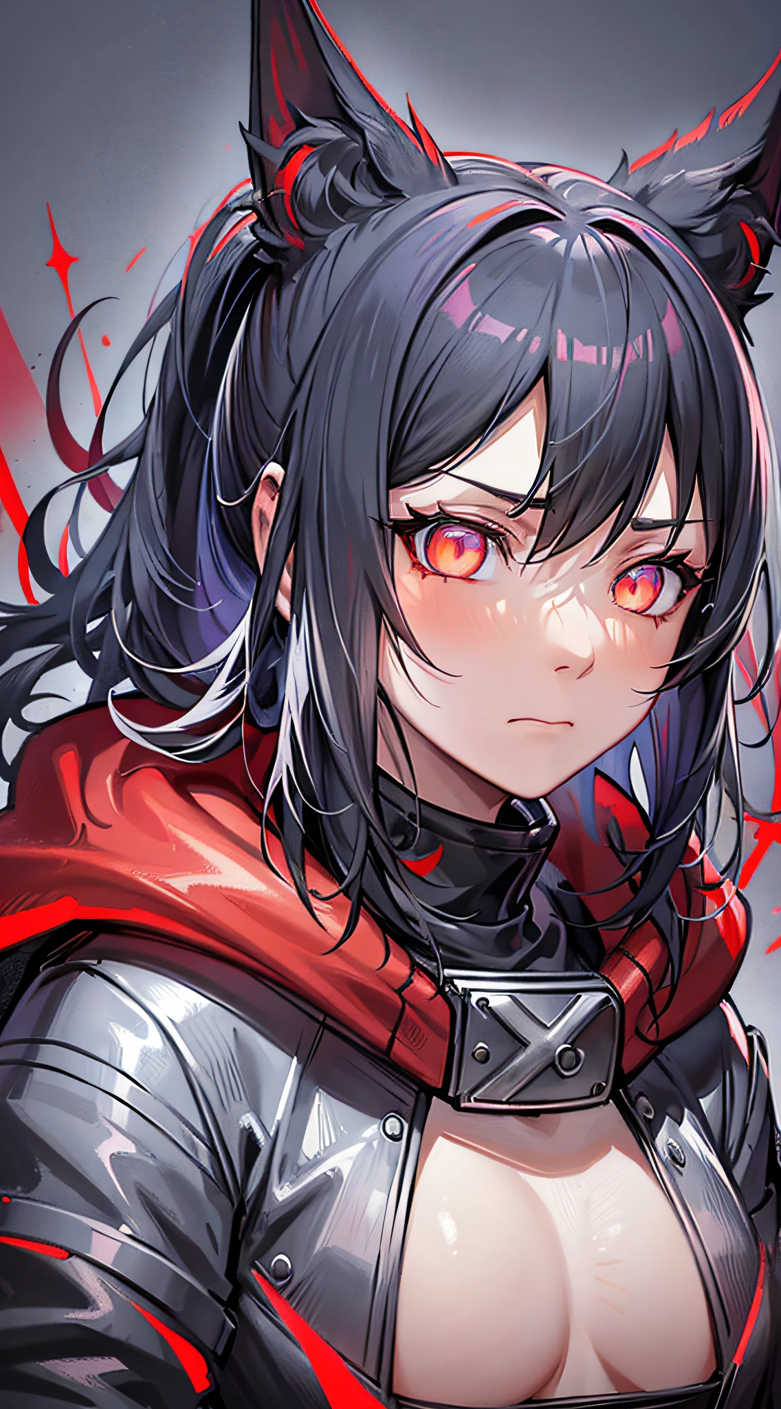 Red clothes,cyberpunk cat-eared girl, fantasy world, dark background, clean design, magnificent Instagram, art station, colorful paint splatter, silhouette, ultra-detailed intricate details, unreal engine, fantasy, intricate details, splash screen, complementary colors, fantasy concept art, 8k resolution, Deviant masterpieces, oil paintings, heavy strokes, dripping paint, (isolated on white background: 1.3), rainbow skin, ((Cute cat-eared girl)))), ((: 1.5), (glowing red eyes), (bright eyes)), (ponytail, gray hair: 1.1)))), ((red clothes)), (princess \\ (indifferent expression\\),(wearing a luxurious red coat with high details)))), gray hair, small, frost magic, ((chest) --v 6