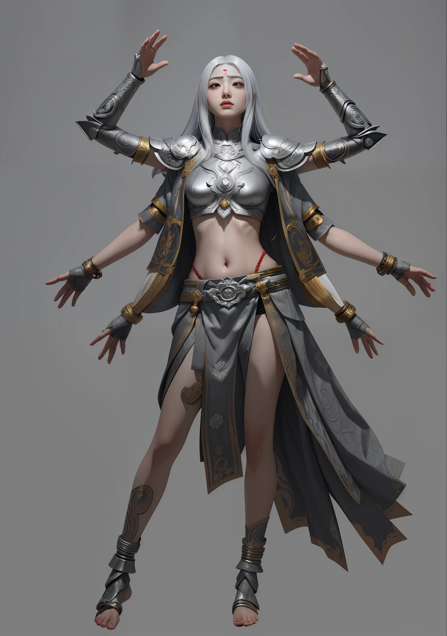 Asura Goddess, Buddhist elements, long silver hair, full body, Japanese armor, rich details, gorgeous patterns, worn-out fabric, barefoot, ray tracing, NVIDIA RTX, Super-Resolution, Unreal 5, Subsurface scattering, PBR textures, post-processing, anisotropic filtering, depth of field, maximum sharpness and sharpness, multi-layered textures, albedo and highlight maps, surface shading, accurate simulation of light-material interactions, perfect proportions, Octane Render, two-color light, large aperture, low ISO, white balance, rule of thirds, 8K RAW, 32k --niji 5