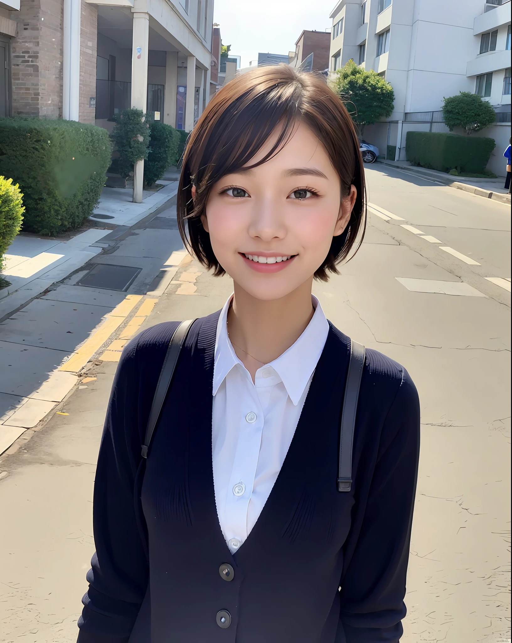 beautiful woman with perfect figure, very detailed face and skin texture, smile face, detailed eyes, short hair, little messy hair, school uniform, standing on the empty street, high resolution, photorealistic
