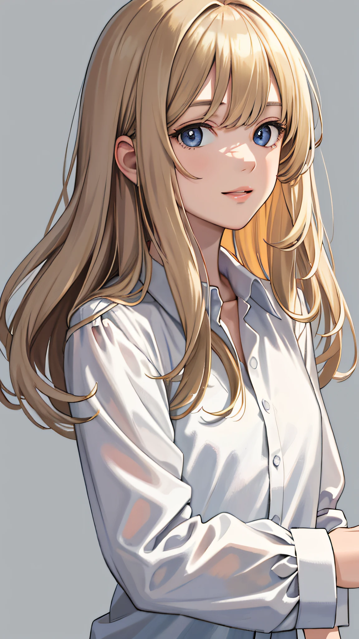 (masterpiece:1.1), (best quality), (ultra detailed),(disheveled hair),(illustration), (1girl), realistic, adult, standing, portrait view, looking at viewer, close up, happy, (interview), (simple background),beautiful detailed eyes, delicate beautiful face, focus on face, white dress shirt, long sleeves, dirty blonde hair, dark blonde hair, medium length hair, bangs, superflat style, gray background