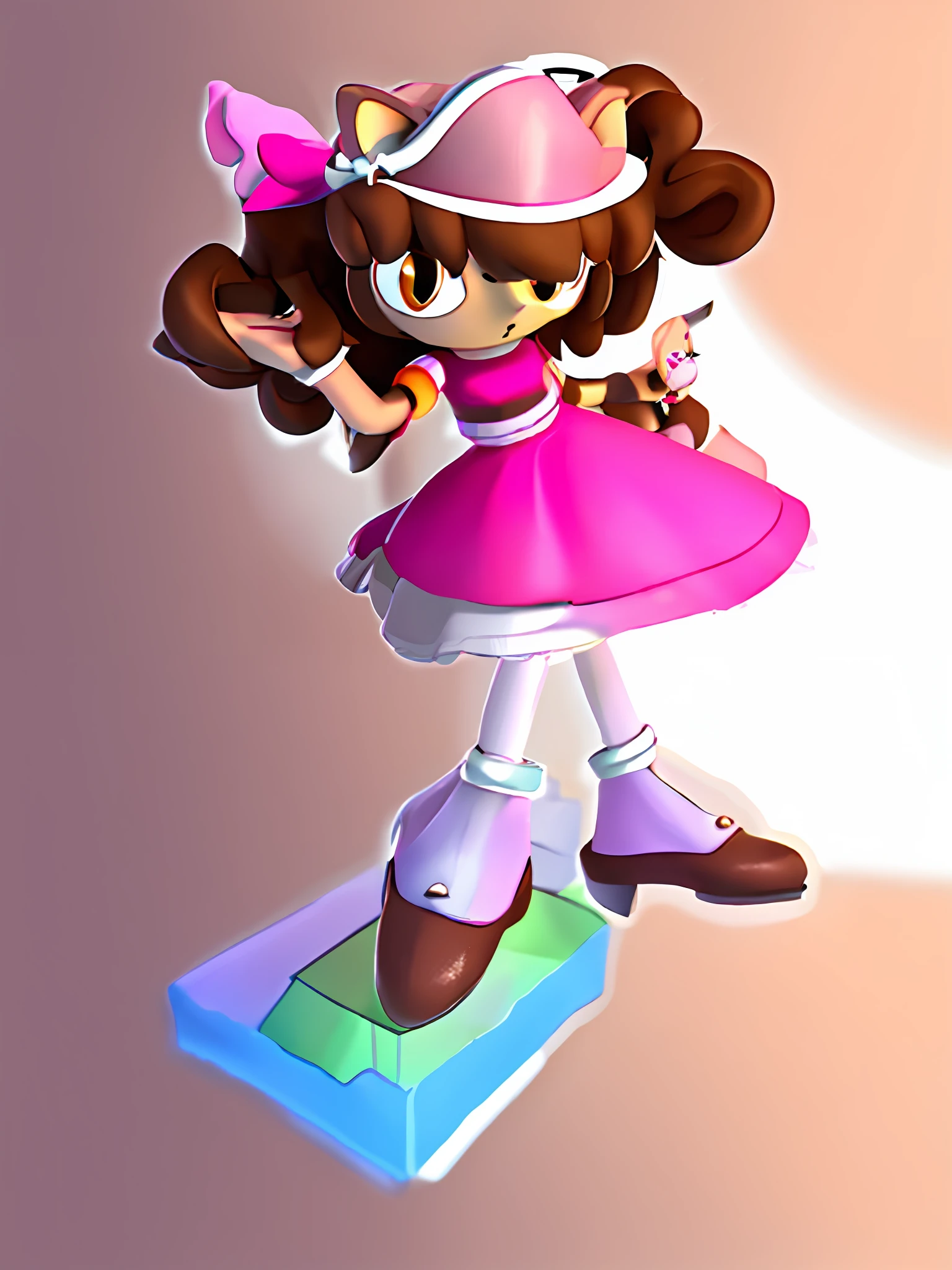 Brown hair, pink dress, Pink microphone, Cat hat, Brown leather shoes, star, Fantastic style, 8k, super detail