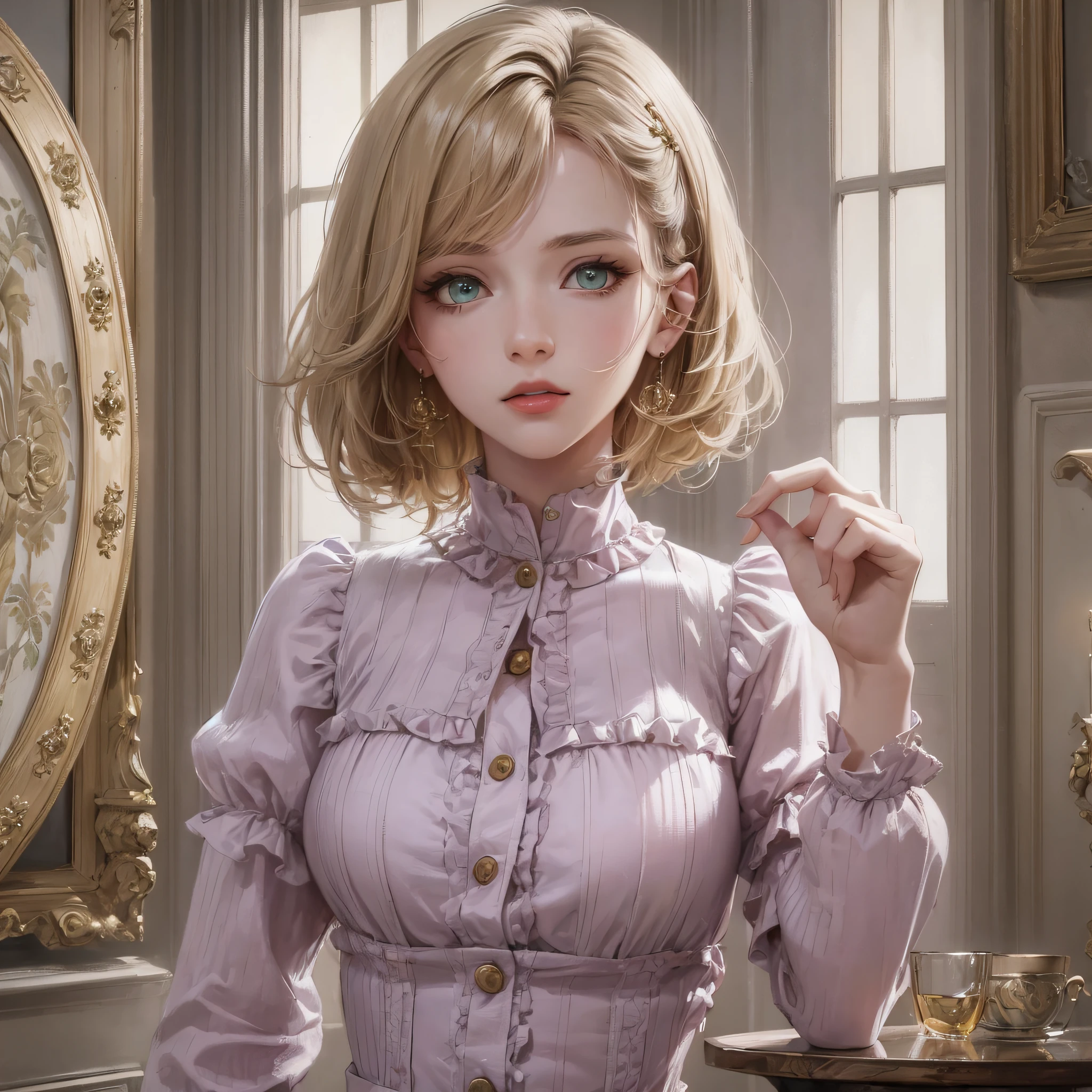 (hyper-realistic), (illustration), (high resolution), (8K), (extremely detailed), (best illustration), (beautiful detailed eyes), (best quality), (ultra-detailed), (masterpiece), (wallpaper), (detailed face) 1 girl, 20 years old, alone, short blonde hair at the shoulder, a fringe, slightly defined abdomen, in high detail, natural red lips, green eyes, long eyelashes, flushed cheeks, medium breasts, lilac dress with buttons and long sleeves glued together, simple, short, highly detailed, full body pose, high rendering --auto --s2
