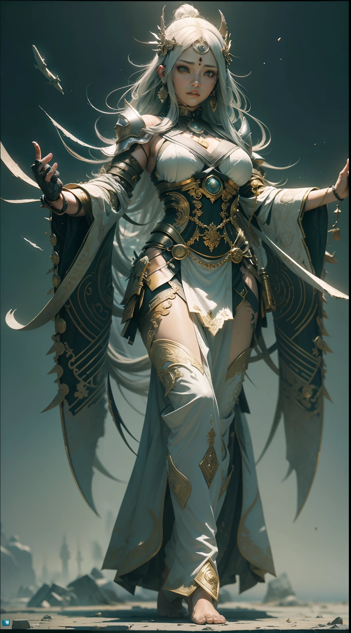 Asura Goddess, Buddhist elements, long silver hair, full body, Japanese armor, rich details, gorgeous patterns, worn-out fabric, barefoot, ray tracing, NVIDIA RTX, Super-Resolution, Unreal 5, Subsurface scattering, PBR textures, post-processing, anisotropic filtering, depth of field, maximum sharpness and sharpness, multi-layered textures, albedo and highlight maps, surface shading, accurate simulation of light-material interactions, perfect proportions, Octane Render, two-color light, large aperture, low ISO, white balance, rule of thirds, 8K RAW, 32k --niji 5