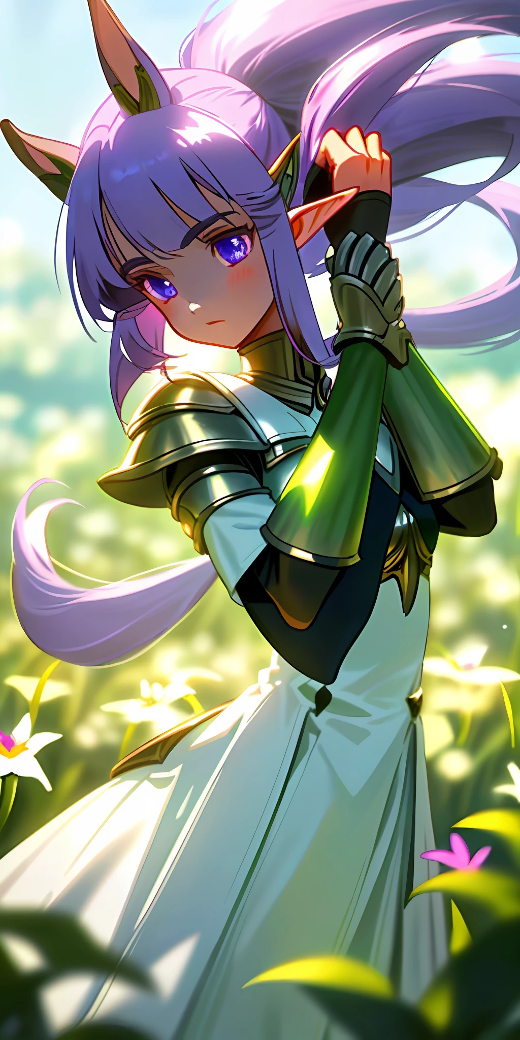 (masterpiece, best quality), close up, 1girl elf  standing pose, with (long white) (poney tail) , hair in a field of purple neon color plants and flowers, ((elf)), green shining eyes, armor, warm lighting, white dress, blurry foreground