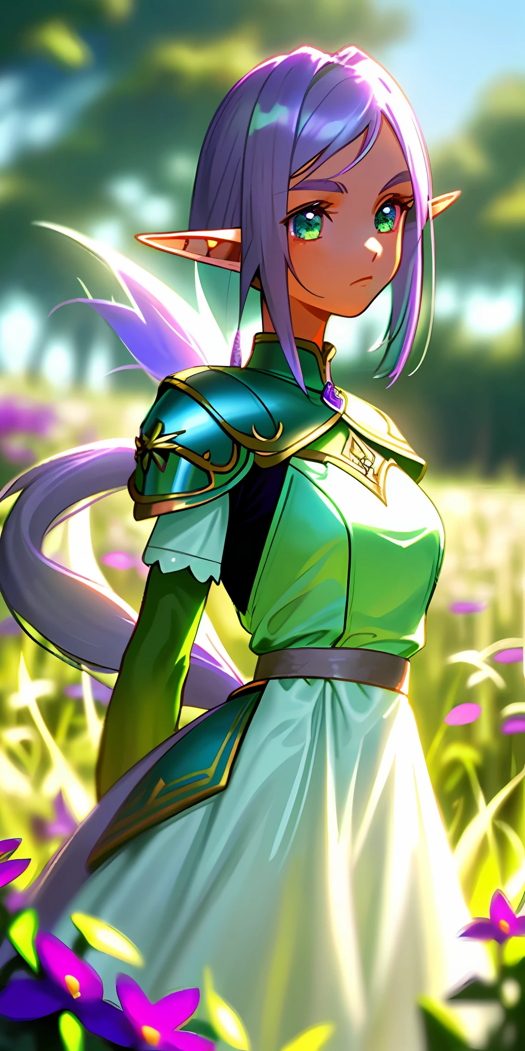 (masterpiece, best quality), close up, 1girl elf  standing pose, with (long white) (poney tail) , hair in a field of purple neon color plants and flowers, ((elf)), green shining eyes, armor, warm lighting, white dress, blurry foreground