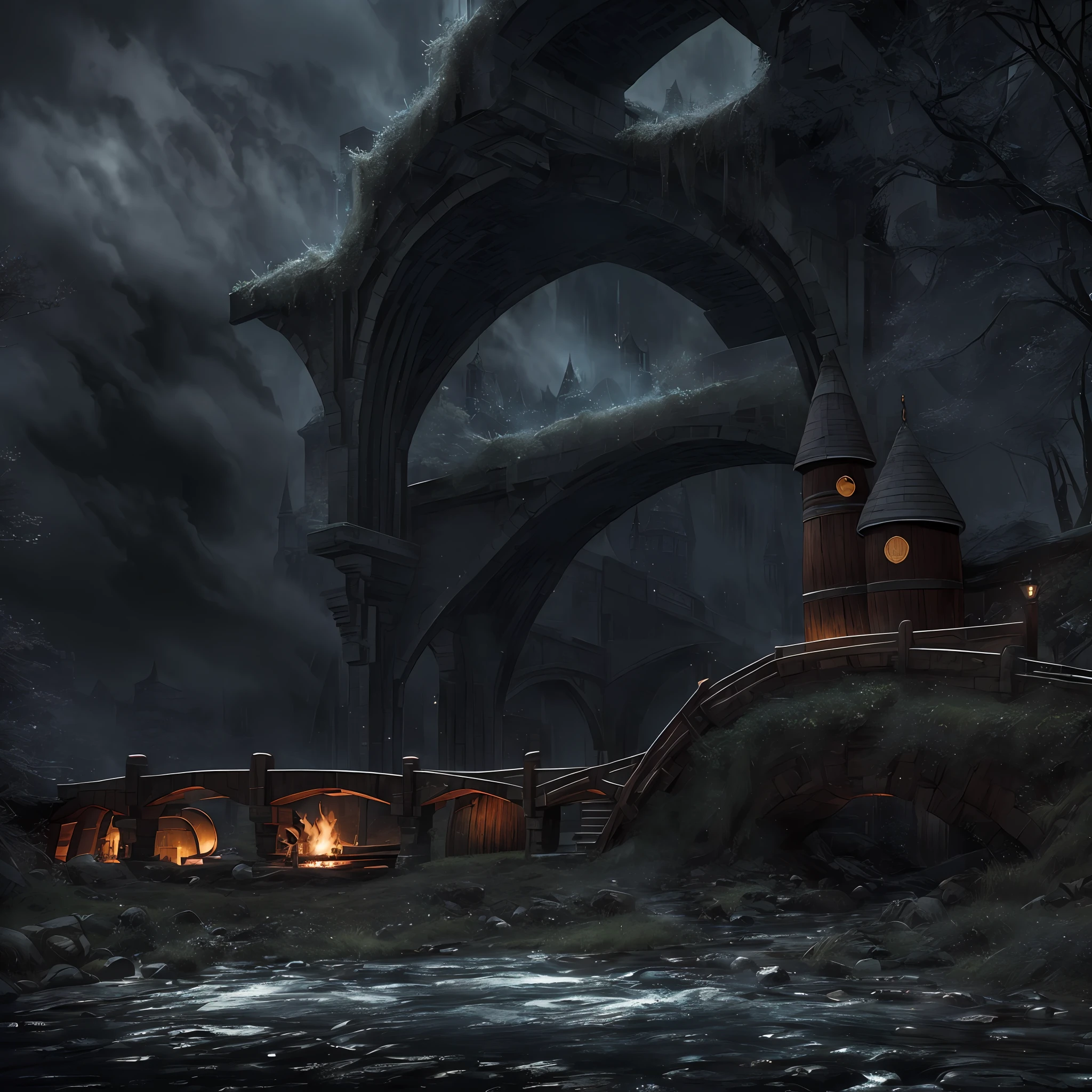 Computer, computer accuracy, 1: 2, 8kk, volumetric, Extensive ultra photography (general view, bridge 1: 5, Scale, realistic fantasy, ultradetail, volumetric, detailed clarity, general view, detailed gloomy landscape of the street, fire pit, large beer barrel, bridge arch, under the bridge, large beer barrel, bridge arch, bridge, (inscription new era legend),realistic fantasy, detailed, 1: 5, 4kk, three-dimensional picture, fire, fog, rain, river, night,  Darkness, effective In the foreground is a large beer barrel, a large stone bridge, a bridge arch, gray, marsh colors (ultradetailed), a bridge arch, a bank under the bridge, steps, cobwebs under the pavement, a large wooden barrel (1:2), made of wood (ultradetail), a bridge arch, stones, a river, dark, gloomy colors, horror, magic(best quality), 4k, ultra-detailed, (dynamic composition: 1.4), highly detailed, colorful details, (gloomy colors: 1.2),  (luminous lighting, atmospheric lighting), cold, gloomy, magical