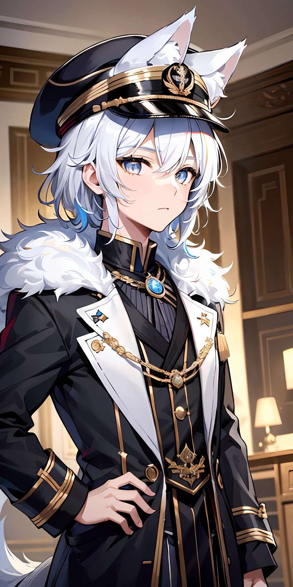 1boy, wolf ears, wolf tail, short fluffy white hair with black streaks, blue and white eyes, slim, masterpiece, Black coat, black peaked general cap, living room setting