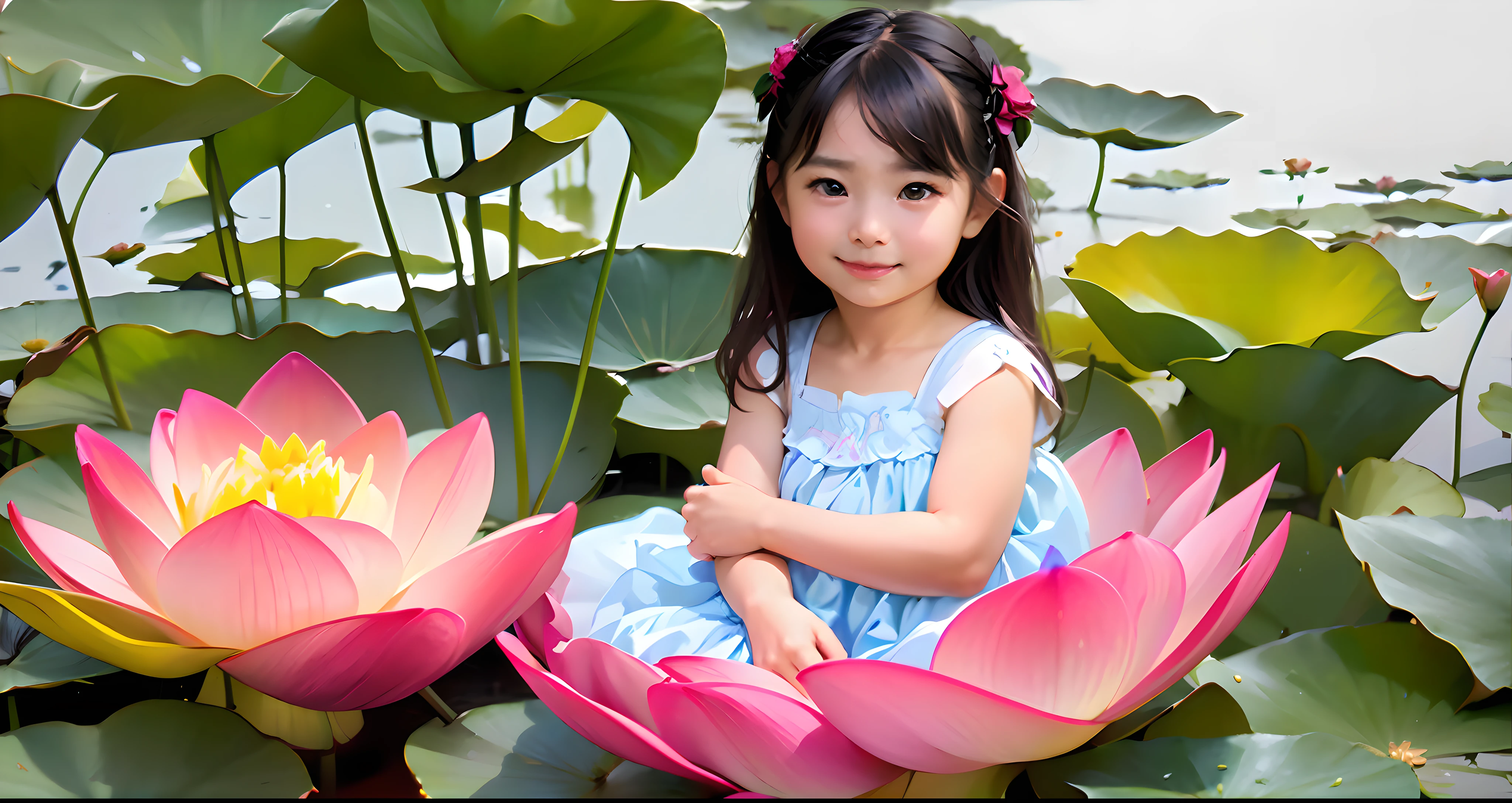 there is a sitting on a flower in a pond, sitting on a lotus flower, lotus floral crown girl, standing gracefully upon a lotus, pink lotus queen, wonderful, portrait shot, girl in flowers, young asian girl, standing on a lotus, lotus pond, lotus, children, chinese girl, children's, portrait picture, lotuses, fanart