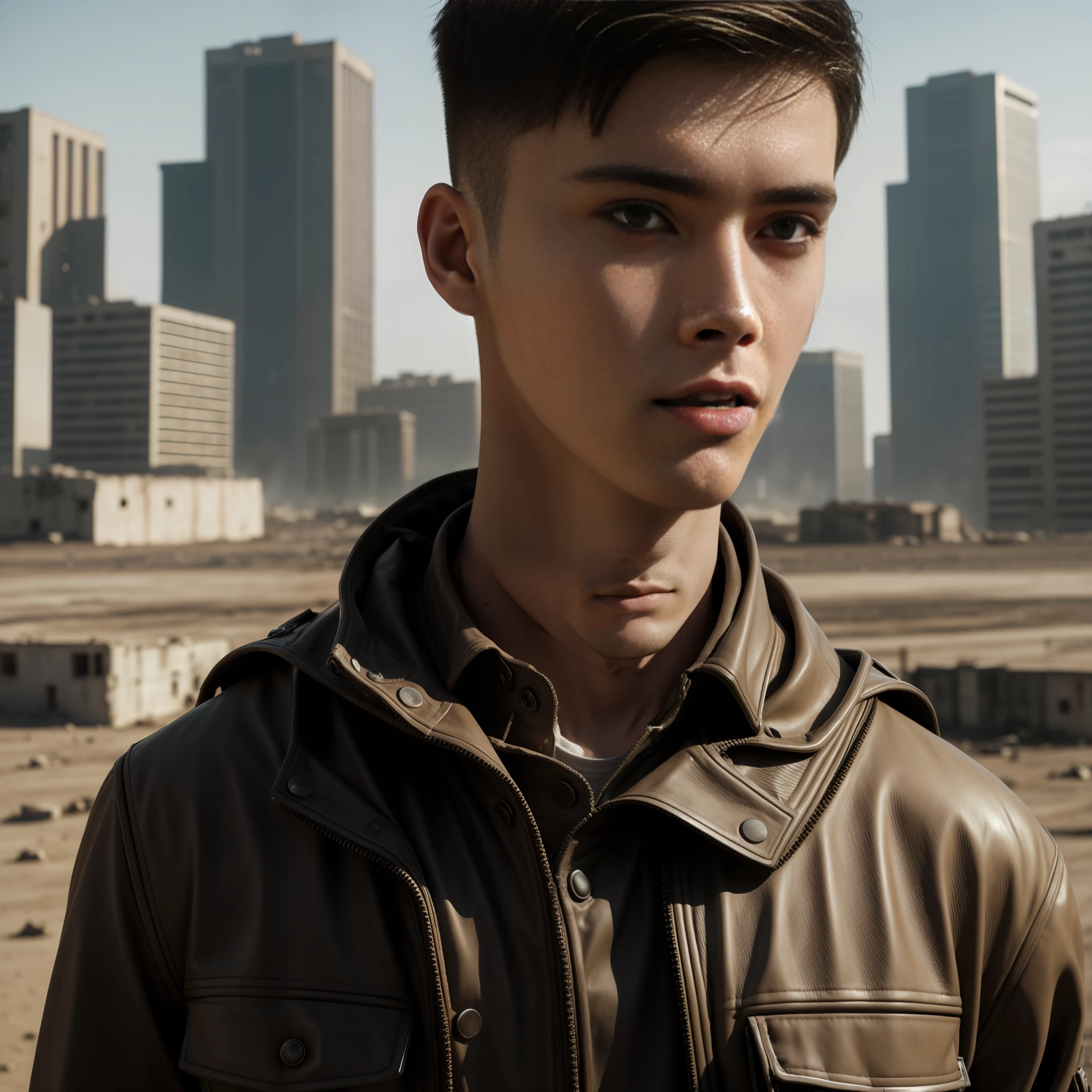 RAW photo, a close up portrait photo of 26 y.o man in wastelander clothes, fashion haircut, pale skin, slim body, background is city ruins, (high detailed skin:1.2), 8k uhd, dslr, soft lighting, high quality, film grain, Fujifilm XT3