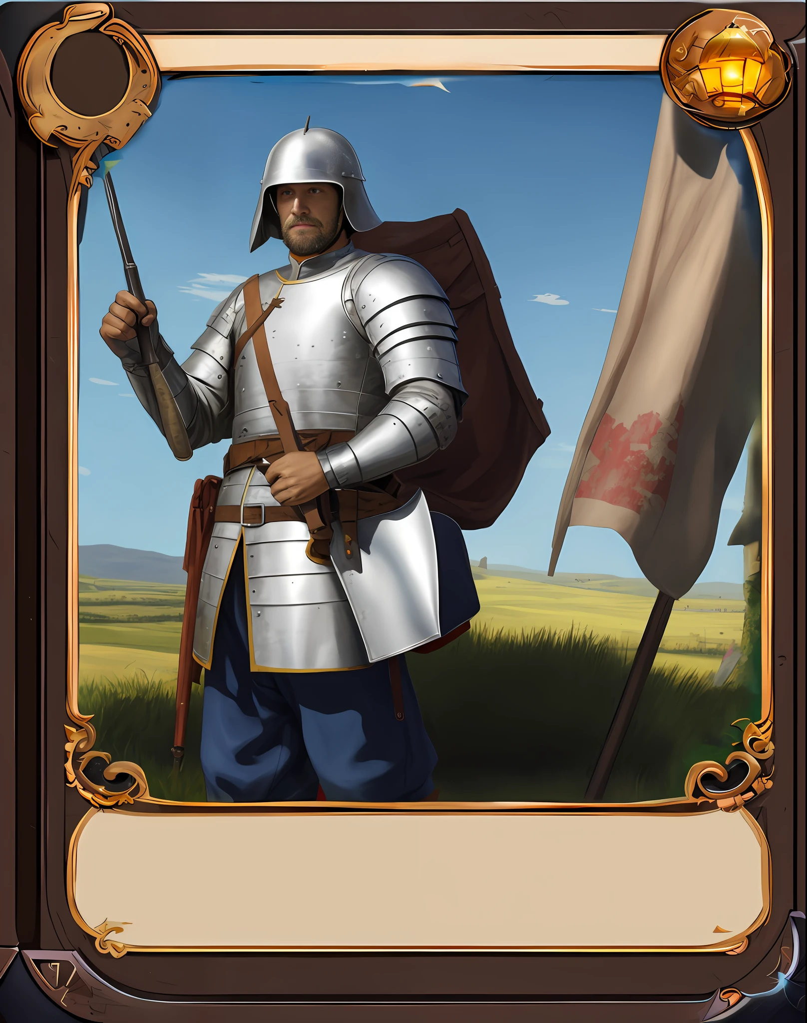 Medieval soldier in uniform on the battlefield