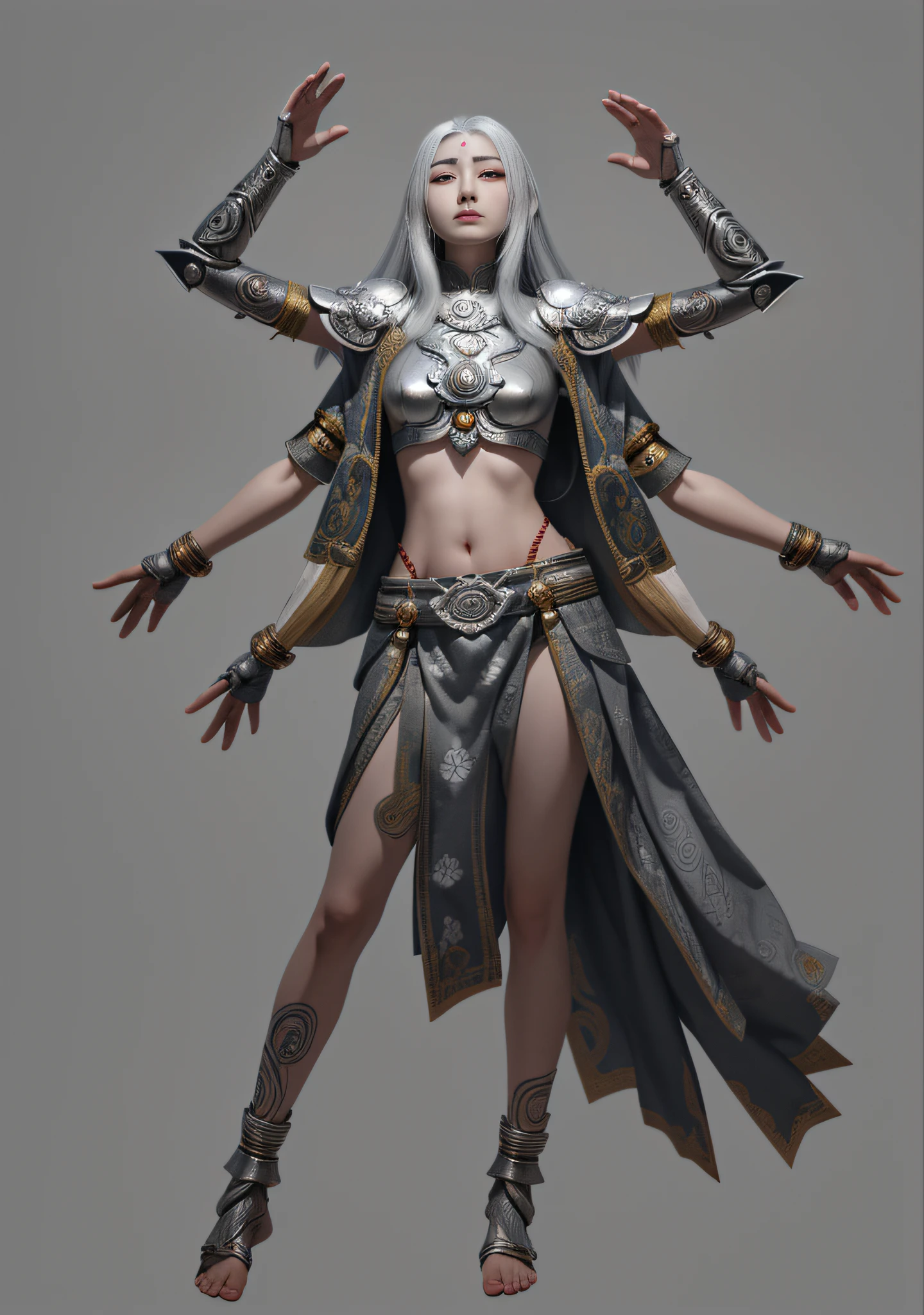 Asura Goddess, Buddhist elements, long silver hair, full body, Japanese armor, rich details, gorgeous patterns, worn-out fabric, barefoot, ray tracing, NVIDIA RTX, Super-Resolution, Unreal 5, Subsurface scattering, PBR textures, post-processing, anisotropic filtering, depth of field, maximum sharpness and sharpness, multi-layered textures, albedo and highlight maps, surface shading, accurate simulation of light-material interactions, perfect proportions, Octane Render, two-color light, large aperture, low ISO, white balance, rule of thirds, 8K RAW, 32k --niji 5